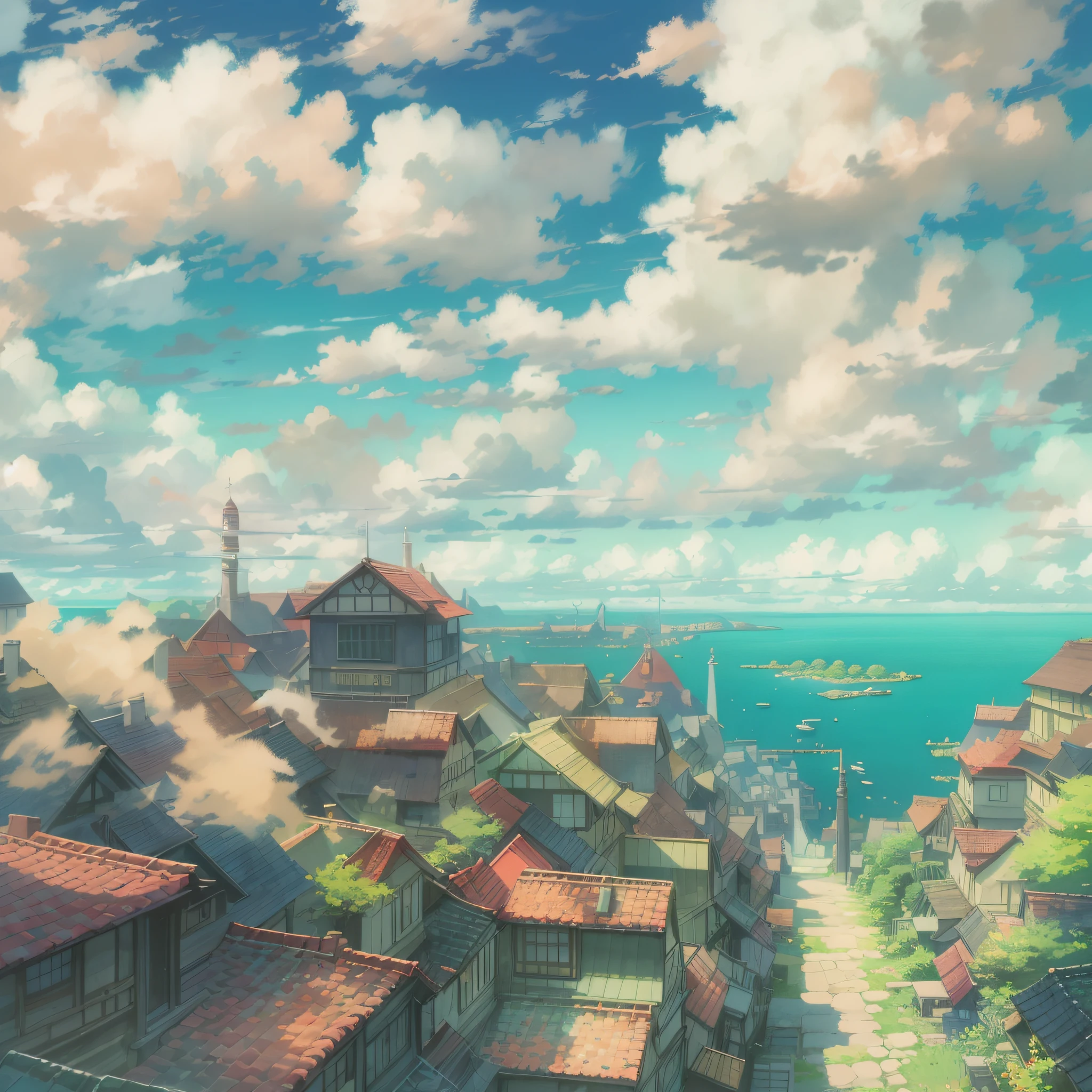 animesque、Skyscape with clouds、Deities々Shikai、You can see the touch of the brush、Studio Ghibli、Ghibli、a sultry、Scenery、Style、sky line、summer vacation