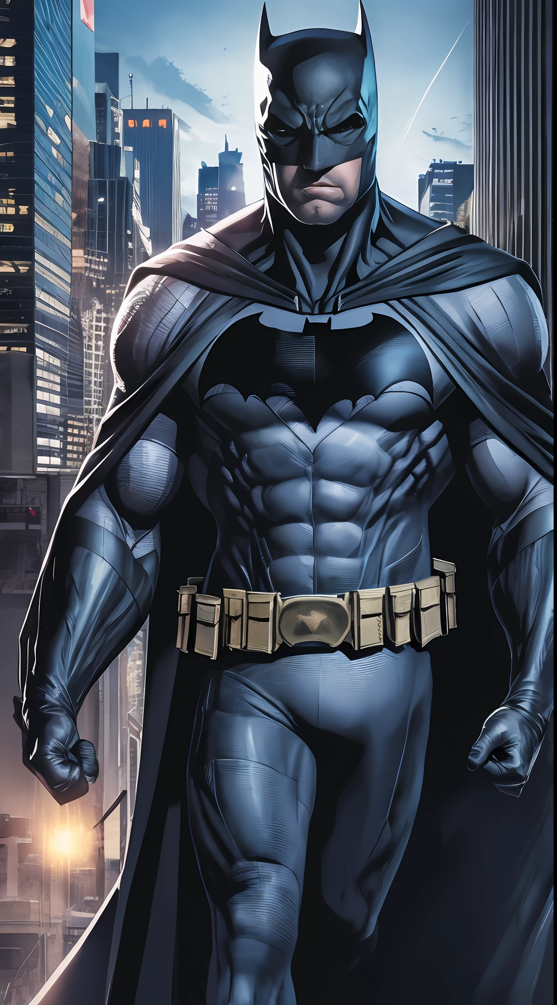 1 man, solo, Ben Affleck as Batman, tall, hunk, musular, bulk, wide shoulder, photorealism, dark dirty grey suit, black gloves, best quality, masterpiece, high resolution:1.2, black cape, high detailed mask, high detailed suit, high detailed face, award winning, night time, skycrapers in the background