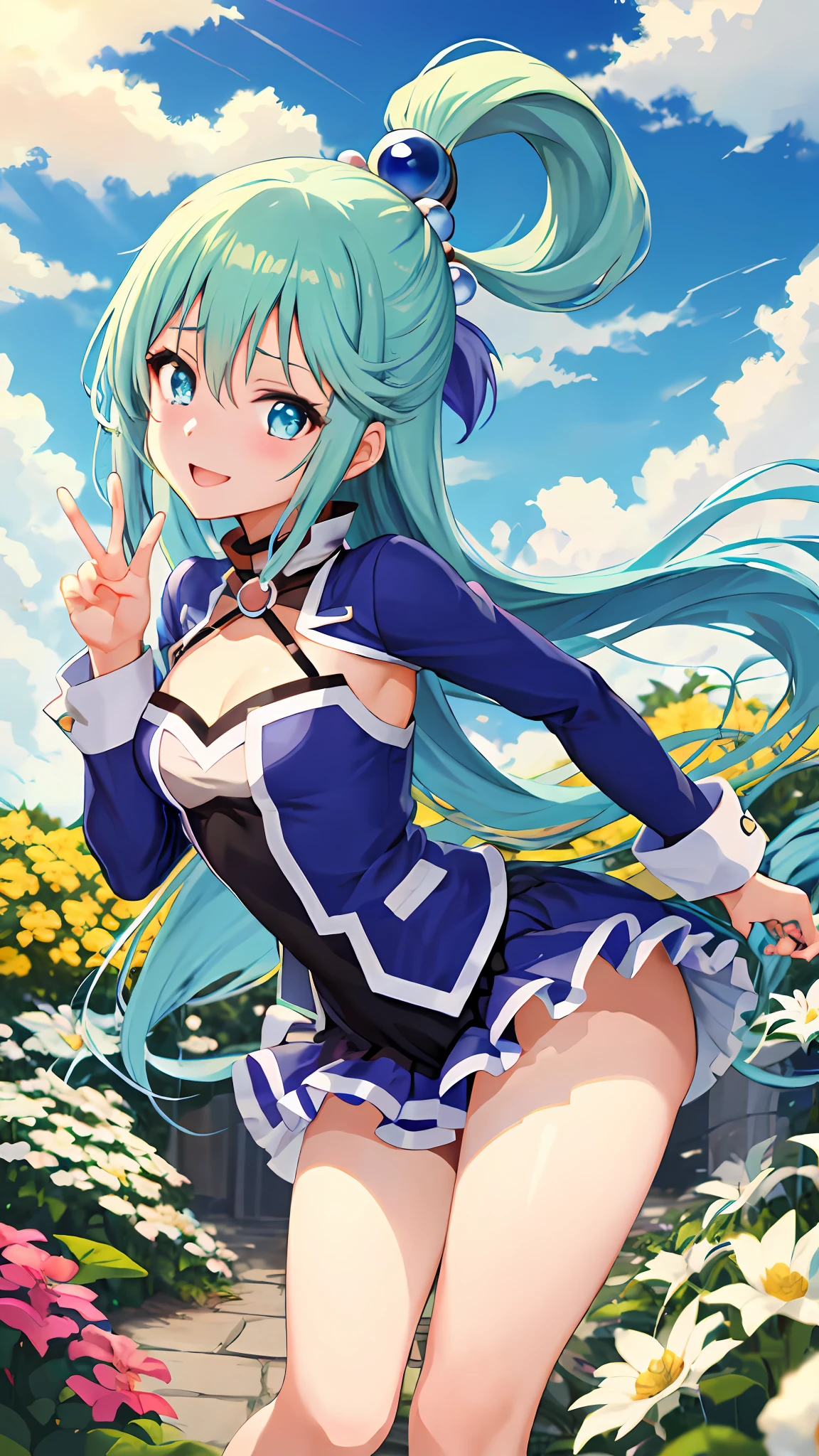 (extremely high quality), Ultra High Definition, High definition, ((master part)), animation, Mulher anime konosuba de 18 anos (Aqua) , Pele branca e bonita, beleza, Cabelo azul bonito, corte de bob, ornamento vermelho do cabelo da flor, Olhos de cor azul bonitos, sorrindo gentilmente, quimono floral branco e lindo, florista detalhado, parte superior do corpo, Kpop idol, ****** sozinha, Big, cara bonito, regar flores com um regador, olhos gentis,