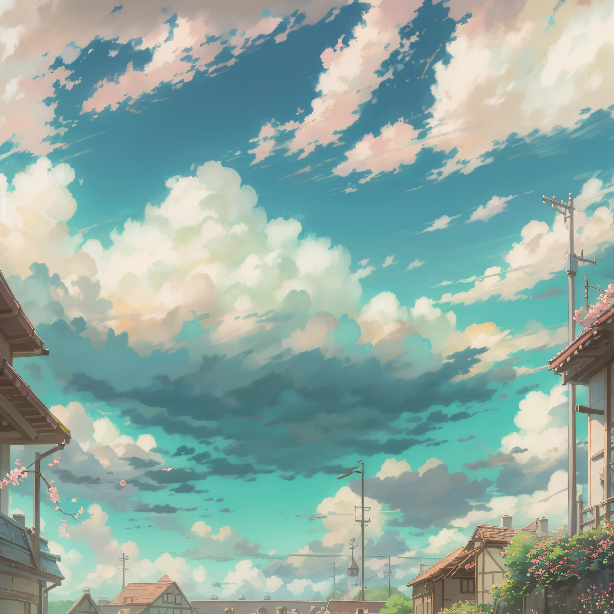 animesque、Skyscape with clouds、Deities々Shikai、You can see the touch of the brush、Studio Ghibli、Ghibli、a sultry、Scenery、Style、sky line、summer vacation