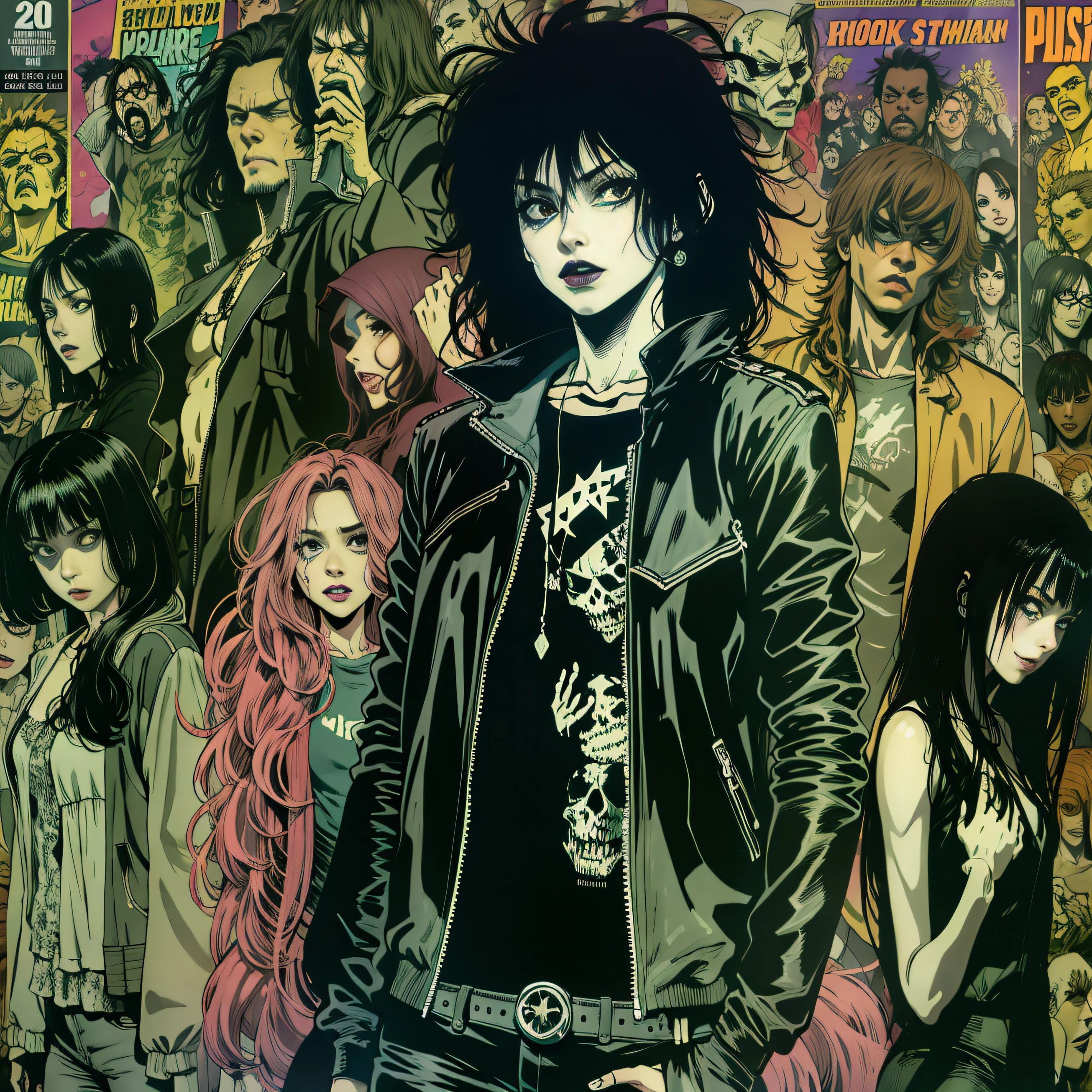 Death from Sandman HQ with , Anime characters are grouped in a comic book cover, Jaqueta de couro, Rock and Roll, Mataleira, Cabelo longo negro