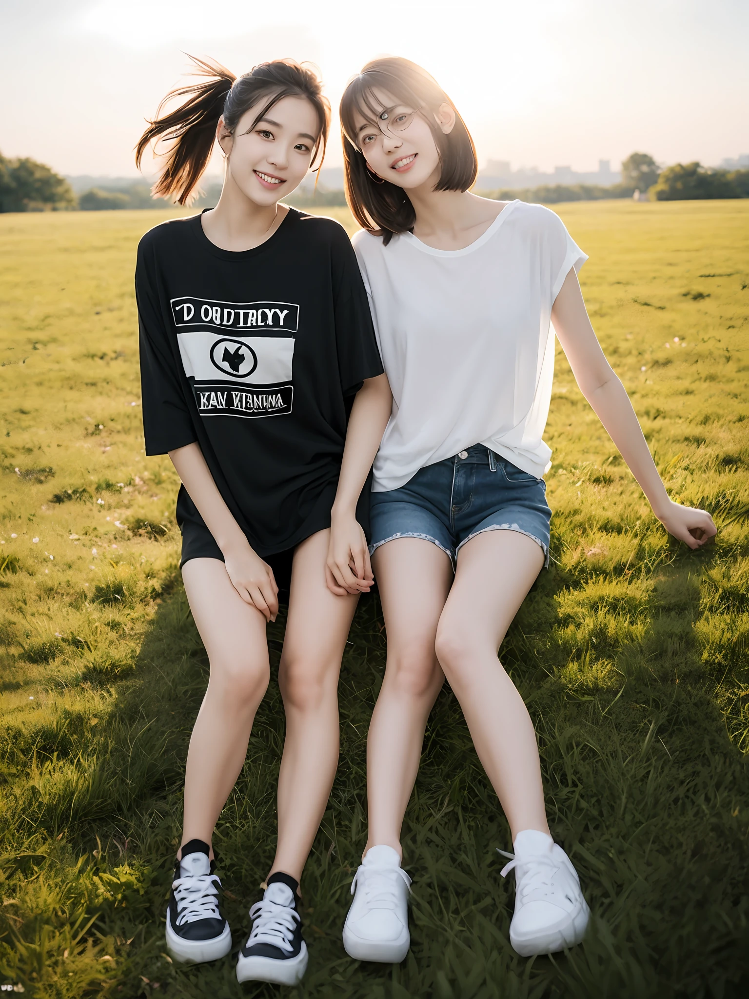 （超高分辨率，RAW photogr，realisticlying，tmasterpiece，best qualtiy：1.4），Complicated details，3个女孩，3 20 year old Korean girl，Wear a loose black T-shirt and skinny jeans，Stand on the grass and take pictures，hugs，Intimate relationships，Detailed meadow，A sweet smile on a small face，Ultra-realistic facial details，The face and skin are pink and white, and luminous，Playful and coquettish pose，The calves are straight and slender:1.2，Wear high-end brand sneakers:1.0，eventide：0.3，Broad lighting，naturalshadow：1.0，超高分辨率，taking a full body photo:1.8 --auto