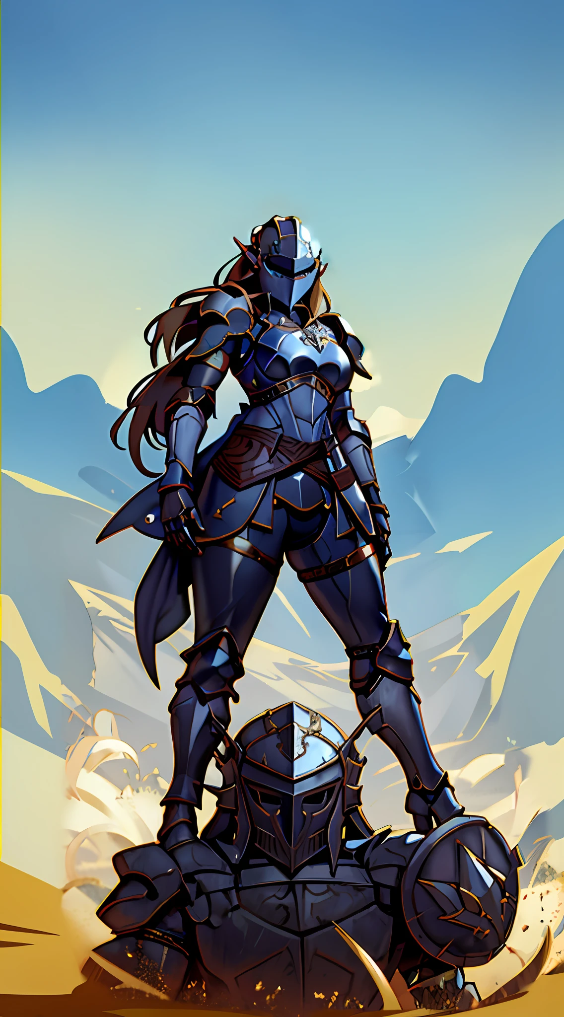 Botw Zelda wearing Heavy knight armor, Botw Themed Knight armor, Royal blue and gold body armor, thick armor plating, Gold accents with brown straps, brown belt with gold accents, Heavy Blue armor, Armored dress, Large knight armor, form-fitting knight armor, helmetless, helmet held in arm, wearing princess tiara, Botw Zelda looking at camera, Botw Zelda wearing thick knight armor with helmet under arm, wearing heavy plate armor