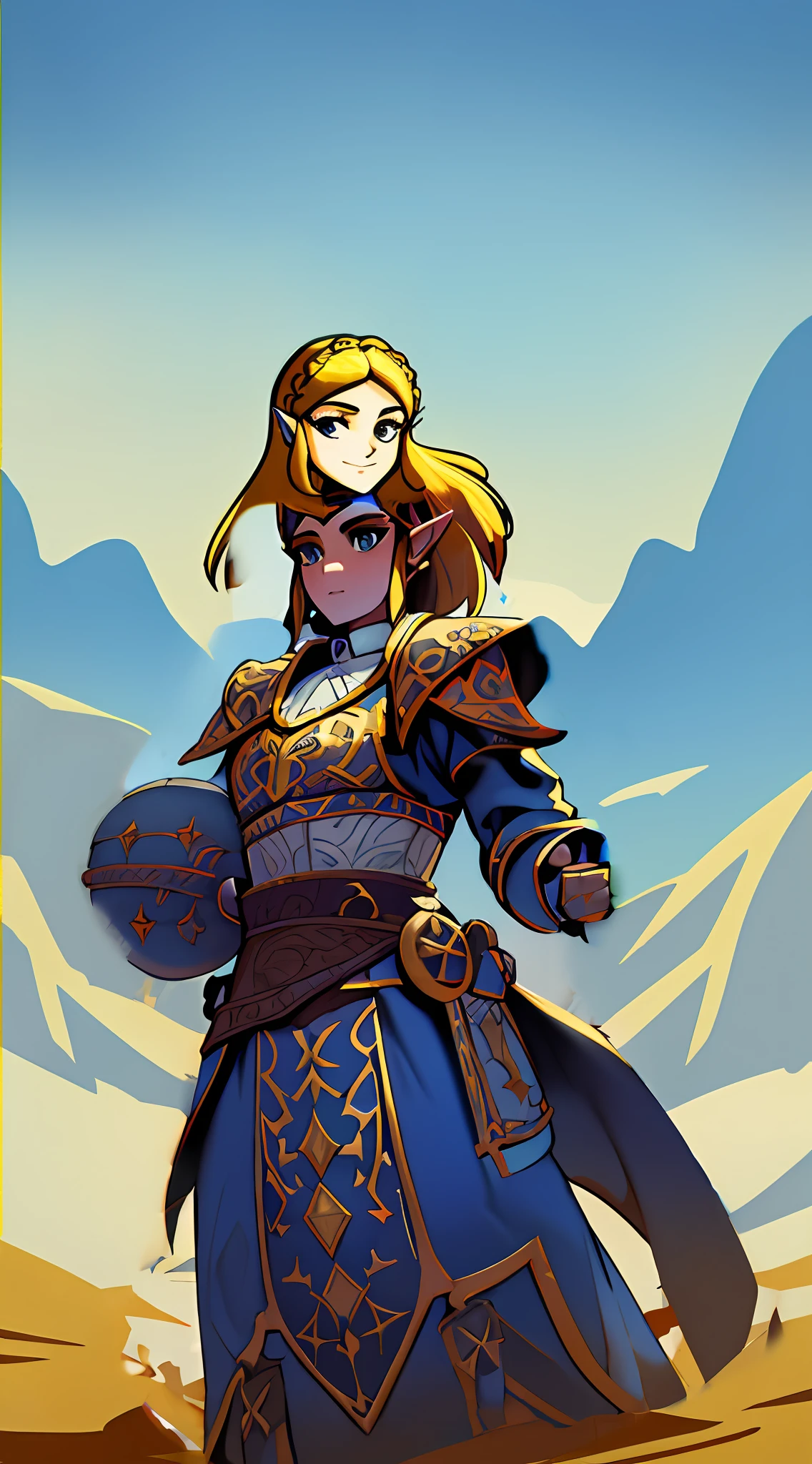 Botw Zelda wearing Heavy knight armor, Botw Themed Knight armor, Royal blue and gold body armor, thick armor plating, Gold accents with brown straps, brown belt with gold accents, Heavy Blue armor, Armored dress, Large knight armor, form-fitting knight armor, helmetless, helmet held in arm, wearing princess tiara, Botw Zelda looking at camera, Botw Zelda wearing thick knight armor with helmet under arm, wearing heavy plate armor