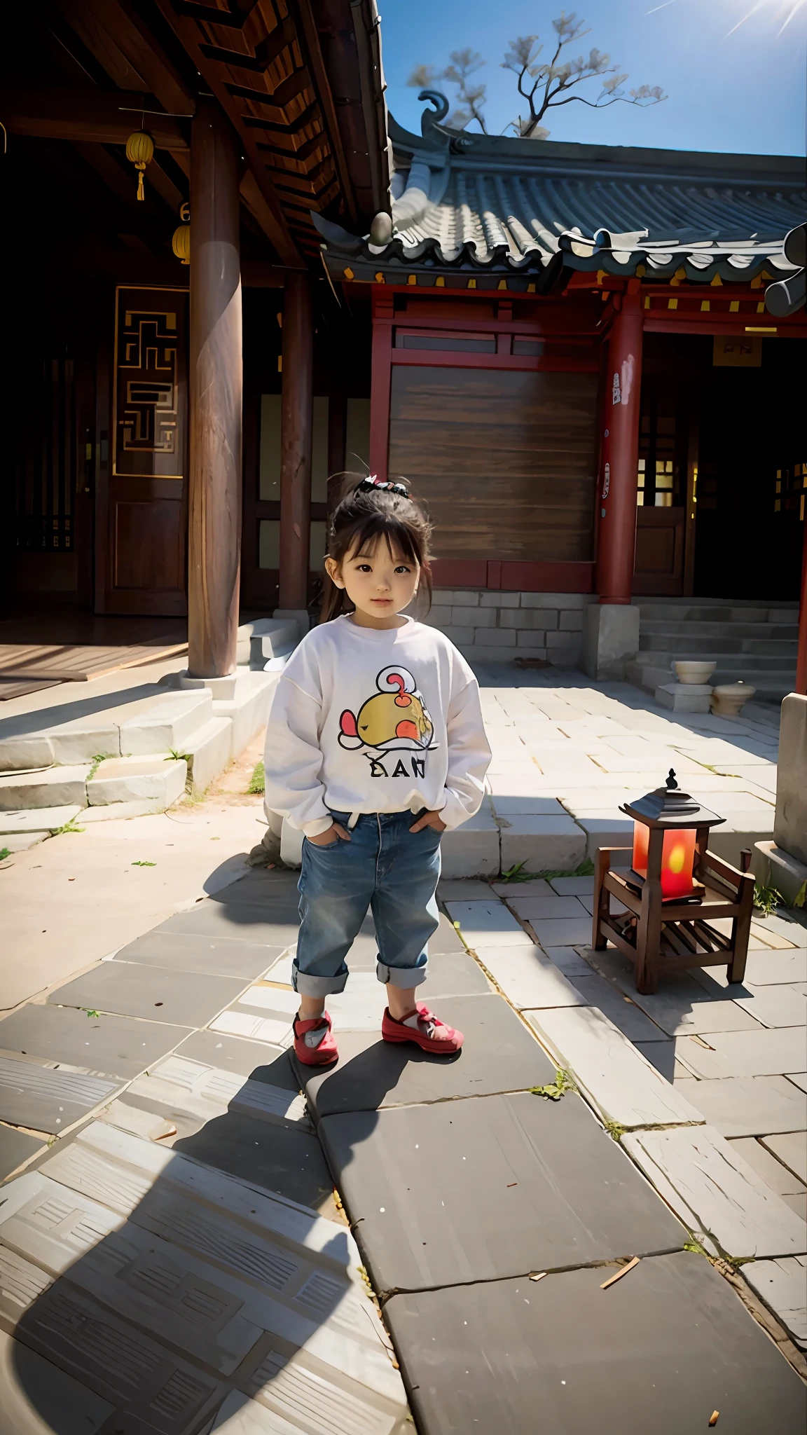 A  standing on the sidewalk in the yard, with the sun shining on it, in a temple, in front of temple, 2 years oldient city, In front of the temple, nice afternoon lighting, afternoon sunlight, sunny day time, gleaming in the sunlight, With a Chinese temple, on a bright day, Very sunny weather, hands in trouser pockets, watery eyes