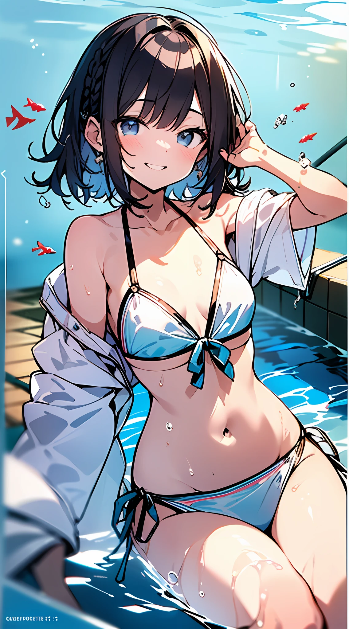 (Incredibly ridiculous absolute resolution:1.5)、hiquality、top-quality、masuter piece、Anime girl in white-green bikini, A sexy、Smiling:1.3、Shy laughter、Anime , 8k Manga Wallpapers, ((small curvy loli pretty anime girl,((swimming pools))、(Medium short hair)、(short braided hair)