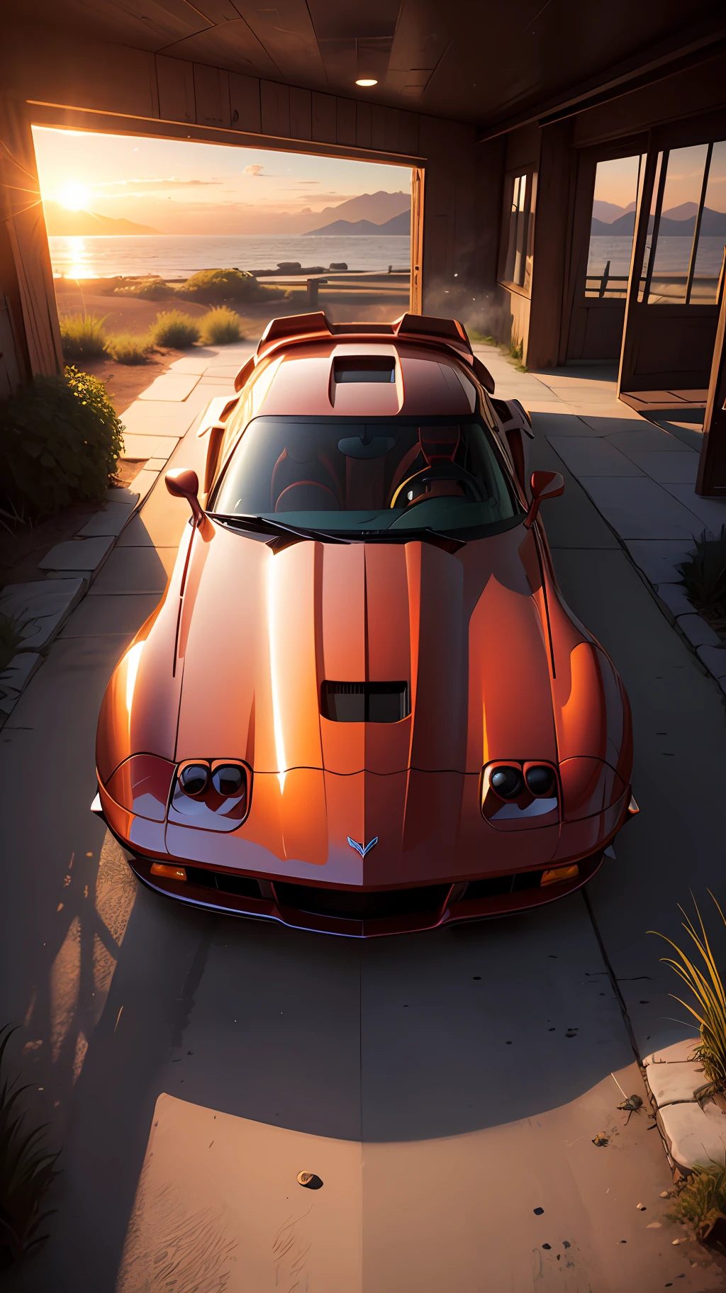 (nvinkpunk:1.2) (snthwve style:0.8) corvette, lightwave, sunset, intricate, highly detailed --auto