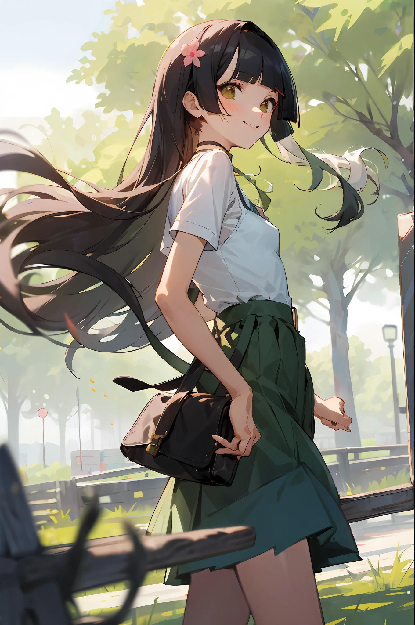 NFSW,absurderes, hight resolution, ((masutepiece)), animesque、((Best Quality)), (Ultra-detailed), ((Extremely detailed)), (Beautiful), ((Kawaii Girl)), (Lori:1.8), 独奏,(Infant :1.6)、Beautiful face、White skin、Route to schools in the city、Under the sparkling midsummer sun、shiny long pale colorful hair、Pink floral hair ornament、Slender girl, (Small breasts:1.6)、BREAK、The upper part of the body、Gentle face、(Blunt bangs:1.6),Ephemeral、Cute summer uniform、a choker、satchel、Walking happily on the way to school、The surroundings are shining、Bright smile、Angle from behind、The skirt flutters in the wind、Girl's hair flutters in the wind、Lifted skirt