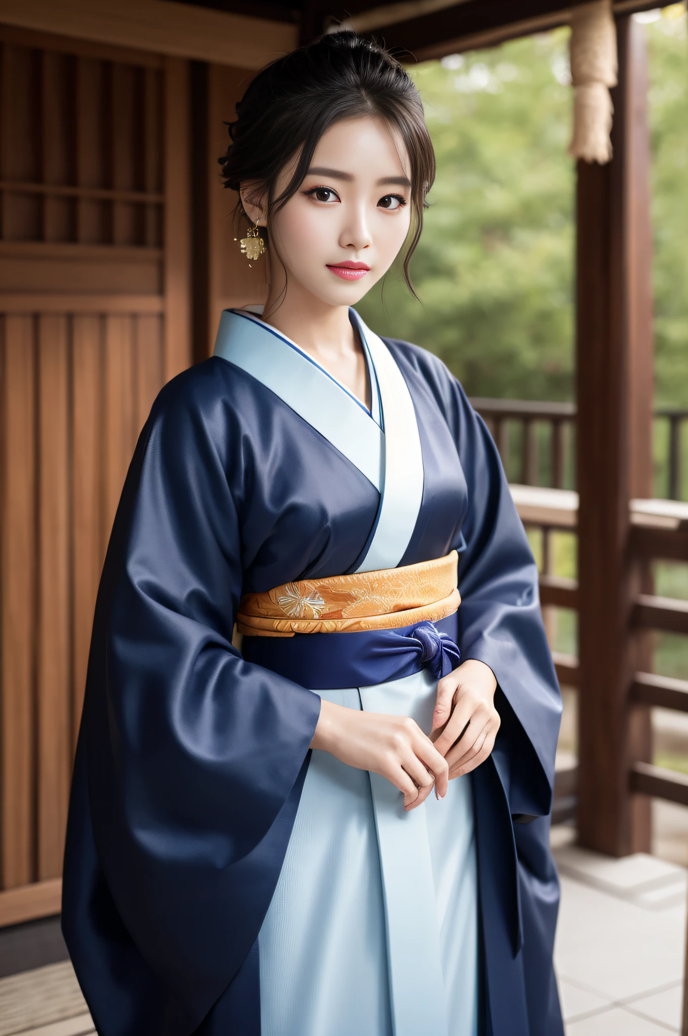 ((top-quality、8k masterpieces:1.3))、foco nítido:1.2、(ultra beautiful faces:1.0)、(Slender Abs Beauty:1.0)、(shinny skin:1.0)、photos realistic、A dark-haired、Video Lighting、High-definition eyes and face、Video Lighting、(cowboy  shot:1.3)、(Kimono、Hakama、Obi:1.4)、(Korean Cute Actress)、Traditional kimono、from the front side、medium large breasts、A slight smile