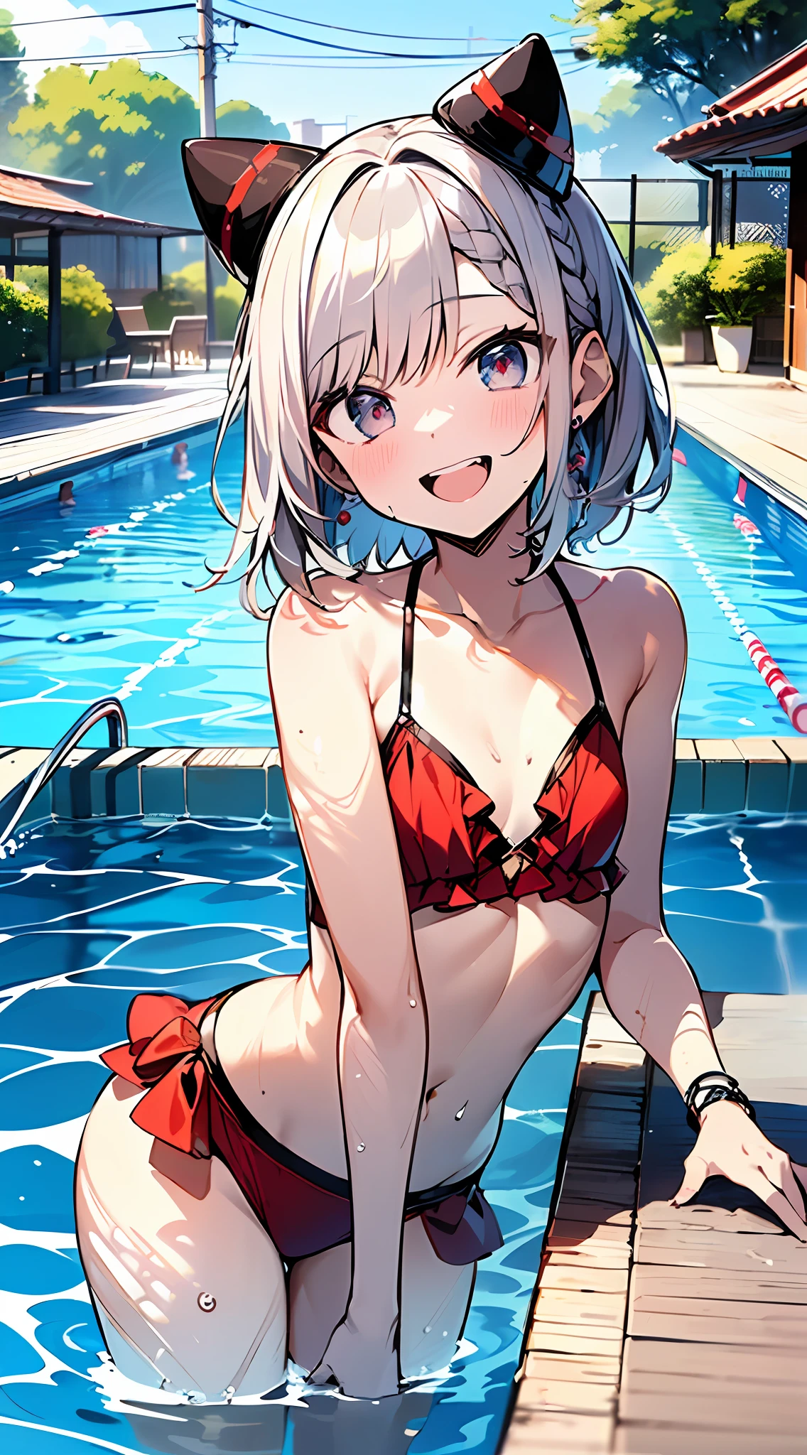 (Incredibly ridiculous absolute resolution:1.5)、hiquality、top-quality、masuter piece、Anime girl in red and white bikini, 魅惑的、Anime , 8k Manga Wallpapers, Smile、Shy laughter、((small curvy loli pretty anime girl,((swimming pools))、(Medium Shorthair)、(short braided hair)