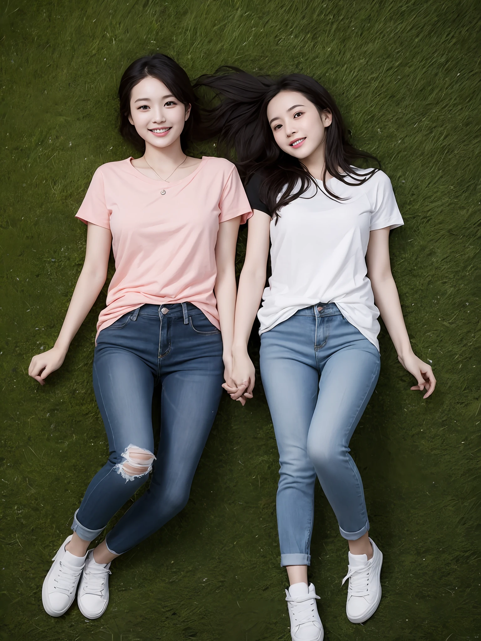 （超高分辨率，RAW photogr，realisticlying，tmasterpiece，best qualtiy：1.4），Complicated details，3个女孩，3 20 year old Korean girl，Wear a loose black T-shirt and skinny jeans，Stand on the grass and take pictures，hugs，Intimate relationships，Detailed meadow，A sweet smile on a small face，Ultra-realistic facial details，The face and skin are pink and white, and luminous，Playful and coquettish pose，The calves are straight and slender:1.2，Wear high-end brand sneakers:1.0，eventide：0.3，Broad lighting，naturalshadow：1.0，超高分辨率，taking a full body photo:1.8 --auto