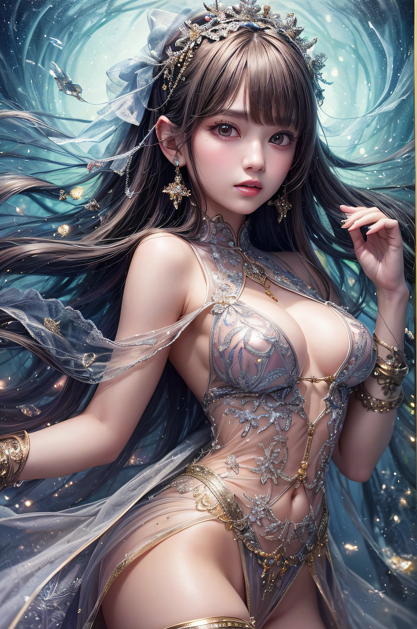Beautiful girl story wrapped in love, Beautiful eye details, A captivating anime girl gracefully emerges from the pages of a watercolor painting, Her vivid and complex colors are, Bring your artwork to life, (see-through transparent clothes, Transparent costume:1.5), She wears a chest-opening fantasy see-through costume decorated with delicate details, Fascinating worldview, Luminescent elements, Glowing crystals surround her like air, casting a soft, otherworldly glow, The style of watercolor painting is、Imbues the image with a sense of fluidity and delicacy, as if the colors are effortlessly blending and bleeding into one another, Camera shot: medium shot, Soft Focus, luminescent glow Lighting, watercolor brushstrokes, Sophisticated and very delicate anime illustration, unique colors, Portrait of an anime girl, Costume with open chest, Irridescent color, beautiful girl illuminated by seven colors of light,