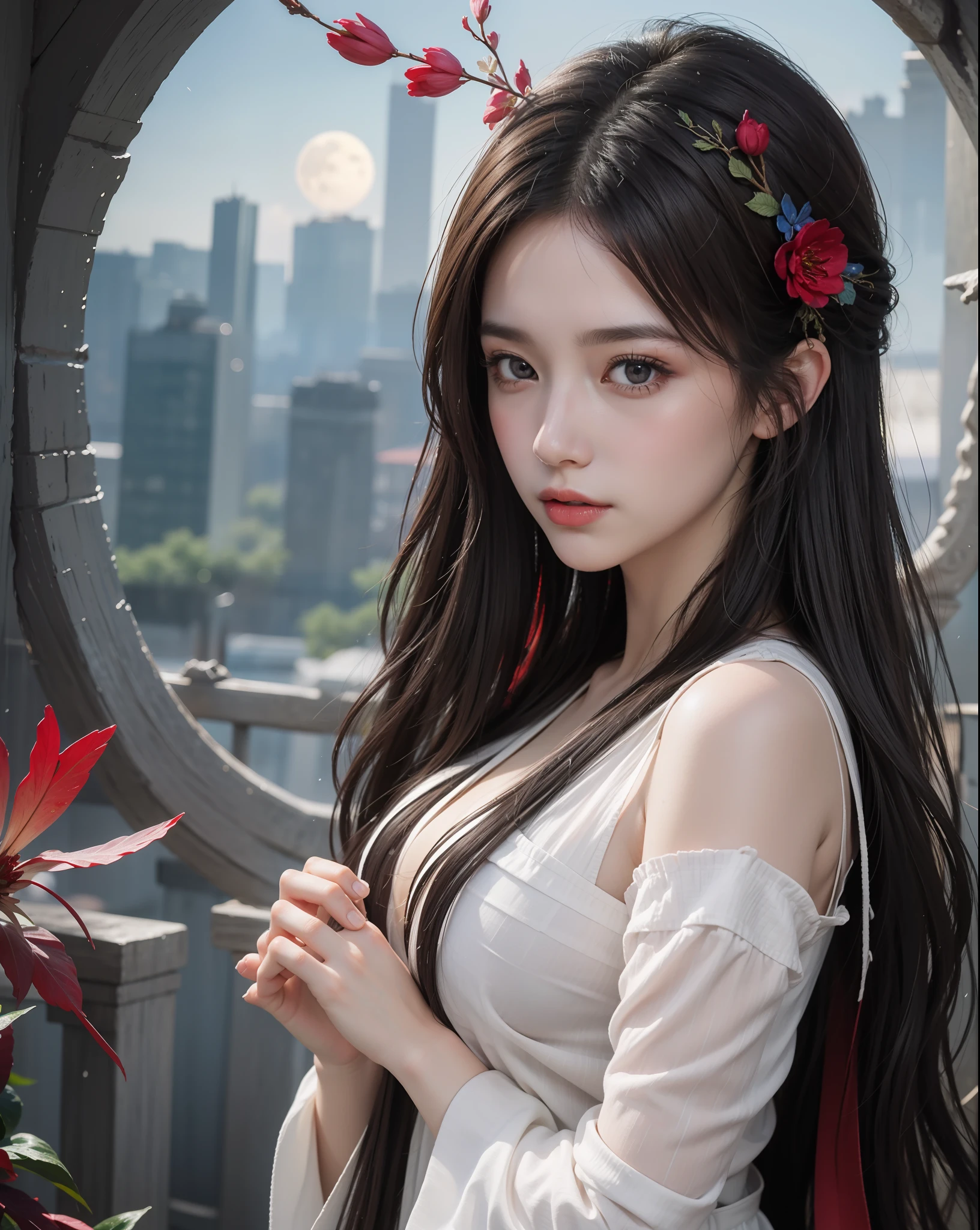 (8k, RAW photo:1.2),best quality, ultra high res,dramatic angle,(fluttered detailed color splashs), (illustration),(((1 girl))),(long hair),(rain:0.9),(hair ornament:1.4),there is an ancient palace beside the girl,chinese clothes,(focus on), color Ink wash painting,(color splashing),colorful splashing,(((colorful))),(sketch:0.8), Masterpiece,best quality, beautifully painted,highly detailed,(denoising:0.6),[splash ink],((ink refraction)), (beautiful detailed sky),moon,highly,detaild,(masterpiece, best quality, extremely detailed CG unity 8k wallpaper,masterpiece, best quality, ultra-detailed),(Lycoris radiata),