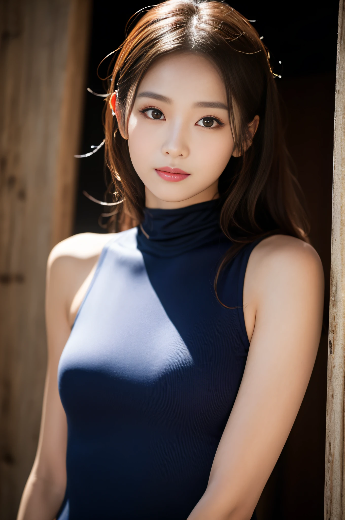 ((best qualtiy、8k masterpieces:1.3))、foco nítido:1.2、(ultra beautiful faces:1.0)、Slender Abs Beauty、(shinny skin:1.0)、photos realistic、A dark-haired、Video Lighting、High-definition eyes and face、Video Lighting、(cowboy shot:1.3)、(Korean Cute Actress)、from the front side、medium large breasts、A slight smile、Sleeveless、Wearing a white swimsuit