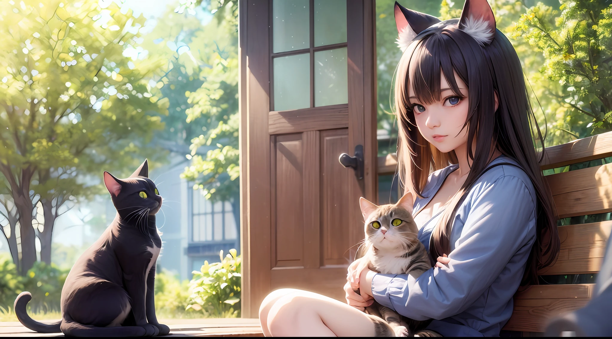 anime girl sitting on a bench with a cat and butterfly, realistic anime cat, realistic anime art style, kawaii realistic portrait, anime cat, beautiful anime catgirl, realistic anime artstyle, anime realism style, anime catgirl, very beautiful anime cat girl, realistic anime 3 d style, very beautiful cute catgirl, cute anime catgirl, in anime style