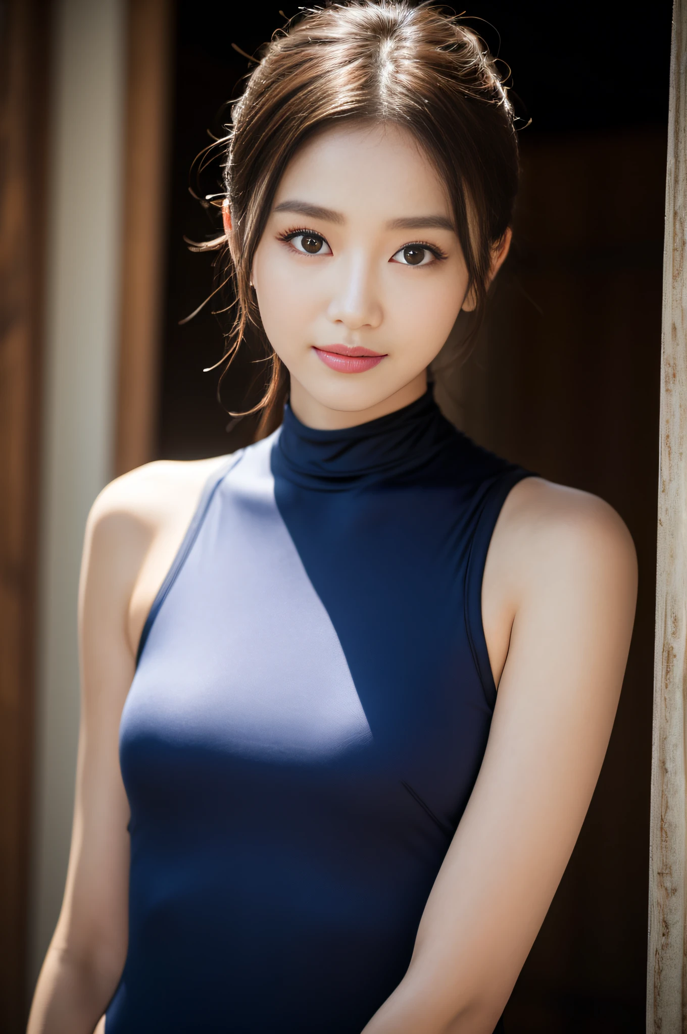 ((best qualtiy、8k masterpieces:1.3))、foco nítido:1.2、(ultra beautiful faces:1.0)、Slender Abs Beauty、(shinny skin:1.0)、photos realistic、A dark-haired、Video Lighting、High-definition eyes and face、Video Lighting、(cowboy  shot:1.3)、(Korean Cute Actress)、from the front side、medium large breasts、A slight smile、Sleeveless、Wearing a white swimsuit