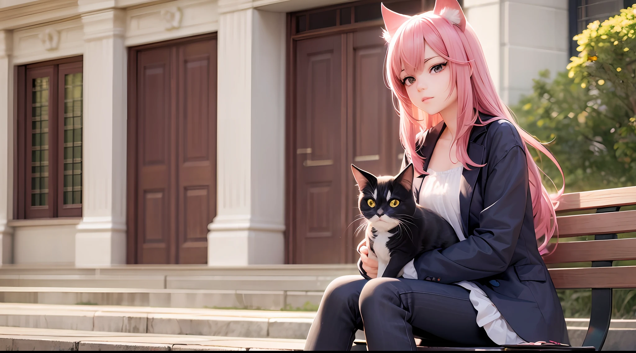 anime girl sitting on a bench with a cat and butterfly, realistic anime cat, realistic anime art style, kawaii realistic portrait, anime cat, beautiful anime catgirl, realistic anime artstyle, anime realism style, anime catgirl, very beautiful anime cat girl, realistic anime 3 d style, very beautiful cute catgirl, cute anime catgirl, in anime style