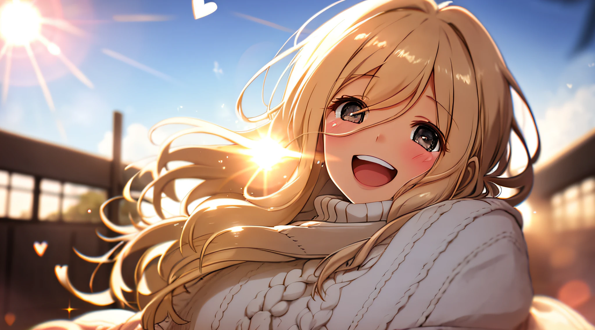 a girl, cosy sweater on, upper body, (huge Laughing:1.1), (open mouth:1.1), (wide open eyes:1.2), sun glare, bokeh, depth of field, blurry background, light particles, strong wind, (heart particles:1.1)