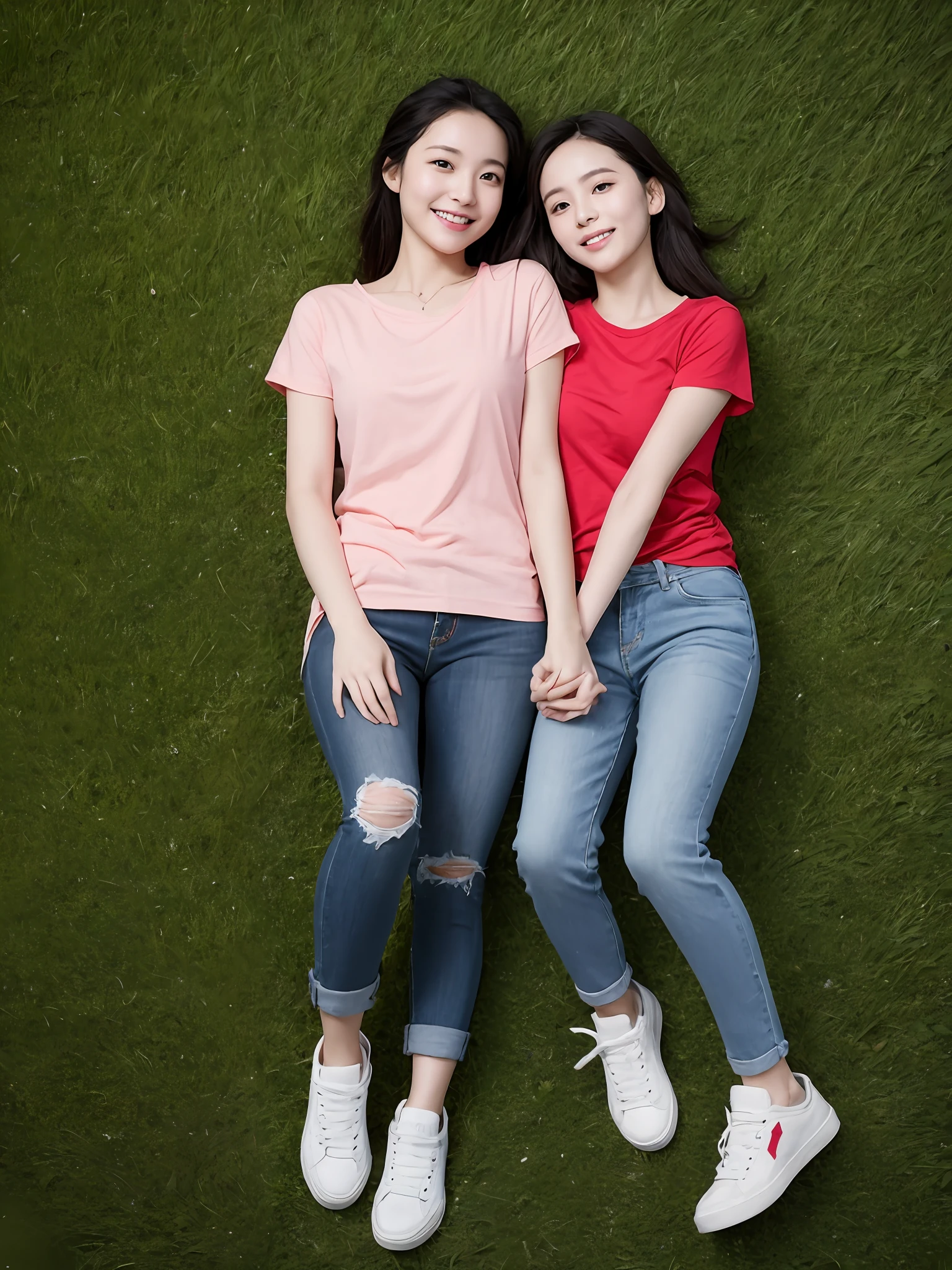 （超高分辨率，RAW photogr，realisticlying，tmasterpiece，best qualtiy：1.4），Complicated details，3个女孩，3 20 year old Korean girl，Wear a loose black T-shirt and skinny jeans，Stand on the grass and take pictures，hugs，Intimate relationships，Detailed meadow，A sweet smile on a small face，Ultra-realistic facial details，The face and skin are pink and white, and luminous，Playful and coquettish pose，The calves are straight and slender:1.2，Wear high-end brand sneakers:1.0，eventide：0.3，Broad lighting，naturalshadow：1.0，超高分辨率，taking a full body photo:1.8 --auto