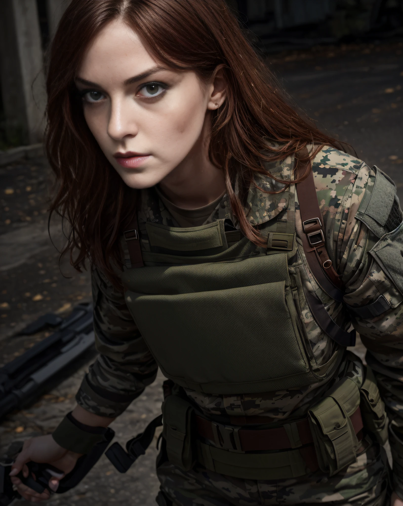 masterpiece, best quality, ultra-detailed, texture, detail eyes, 8k, young irish solider girl with heavy makeup, eye shadow, dark lipstick, heavy makeup, 1girls, (wearing modern military body armor)+, plate carrier, ammo belt, magazine pouch, modern combat fatigues, (long dark red hair)++, blood on face, combat, foreground, middle ground, background, dynamic angle,