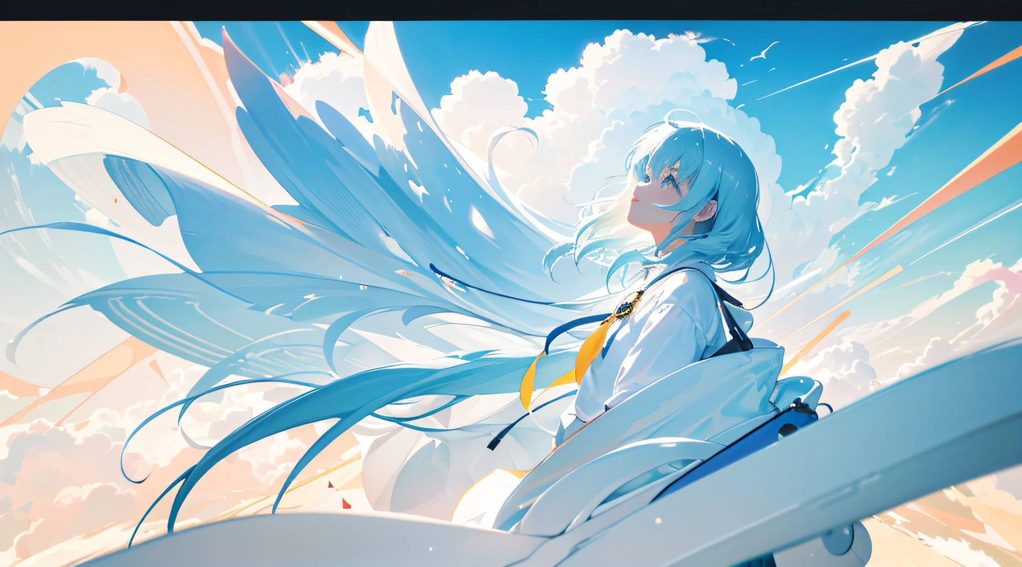 masterpiece, best quality, movie still, 1girl, floating in the sky, cloud girl, cloud, (close-up:1.1), bright, happy, fun, soft lighting, (Bauhaus, shapes, lines, abstract:1.1)