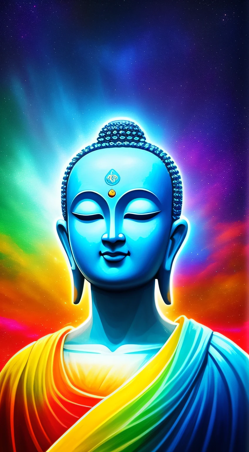 Close-up, Enorme avatar de Buda, luz de Buda brilhando, luz dourada. Colorful moving sky background.