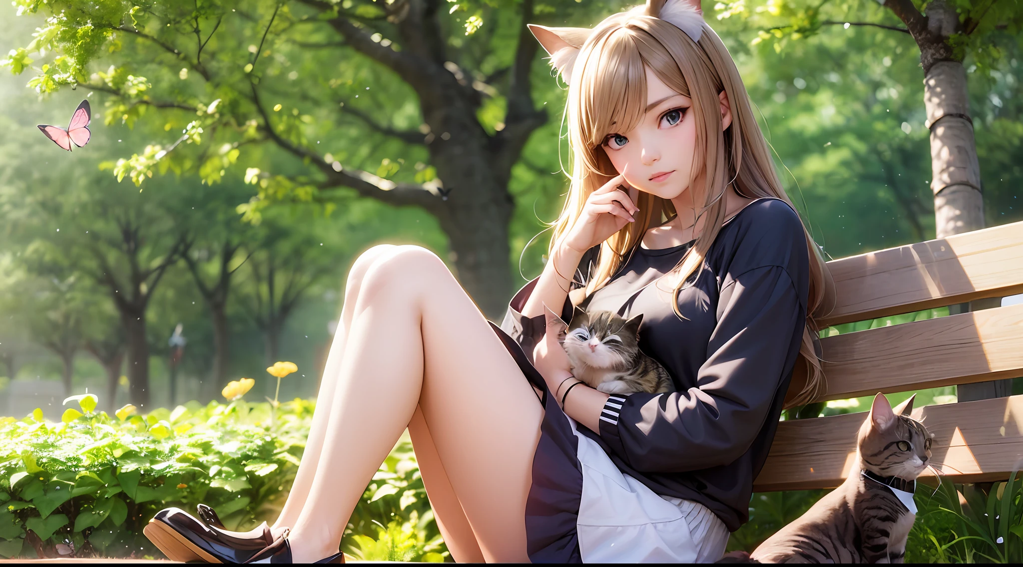 anime girl sitting on a bench with a cat and butterfly, realistic anime cat, realistic anime art style, kawaii realistic portrait, anime cat, beautiful anime catgirl, realistic anime artstyle, anime realism style, anime catgirl, very beautiful anime cat girl, realistic anime 3 d style, very beautiful cute catgirl, cute anime catgirl, in anime style