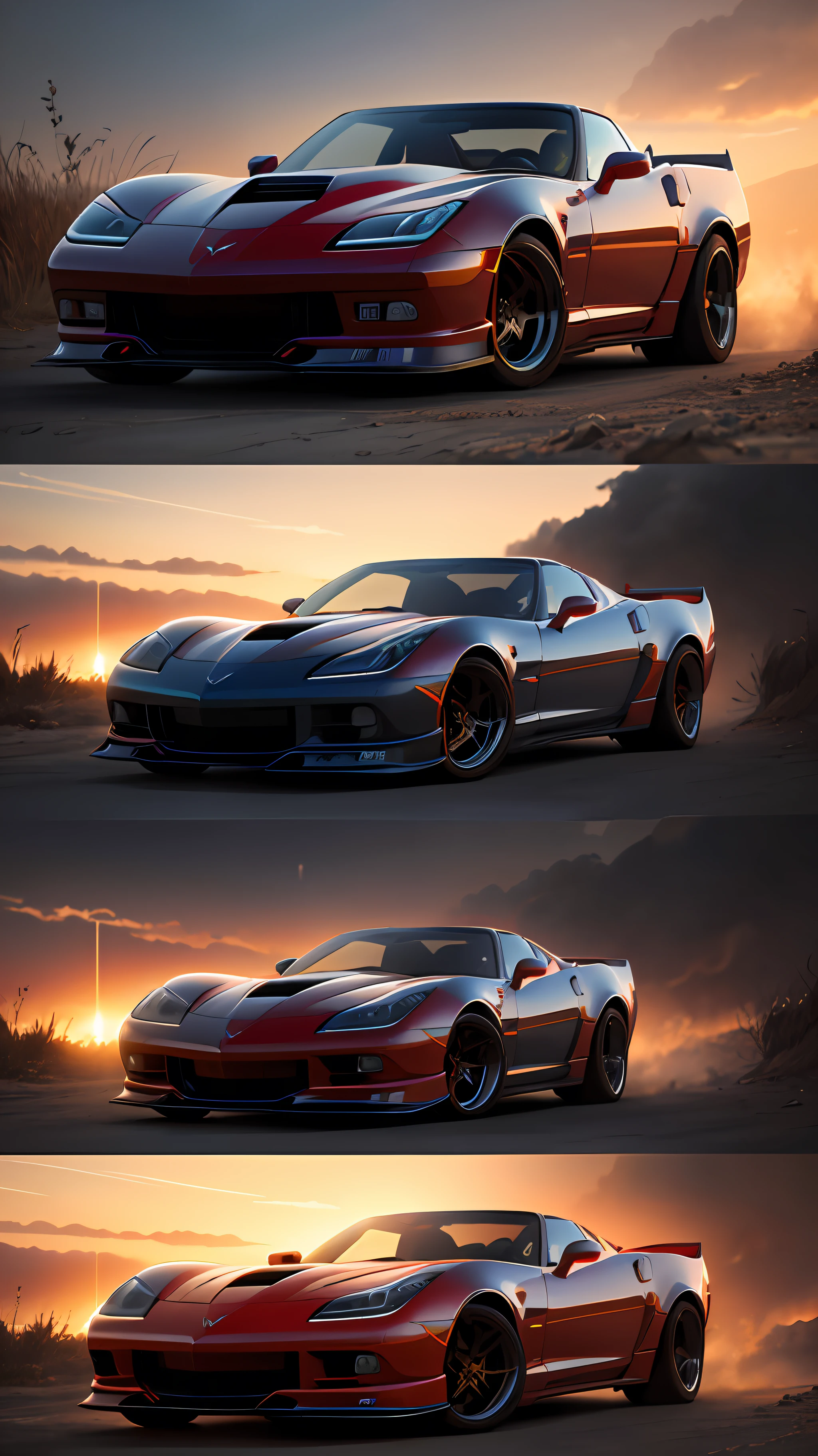 (nvinkpunk:1.2) (snthwve style:0.8) corvette, lightwave, sunset, intricate, highly detailed --auto
