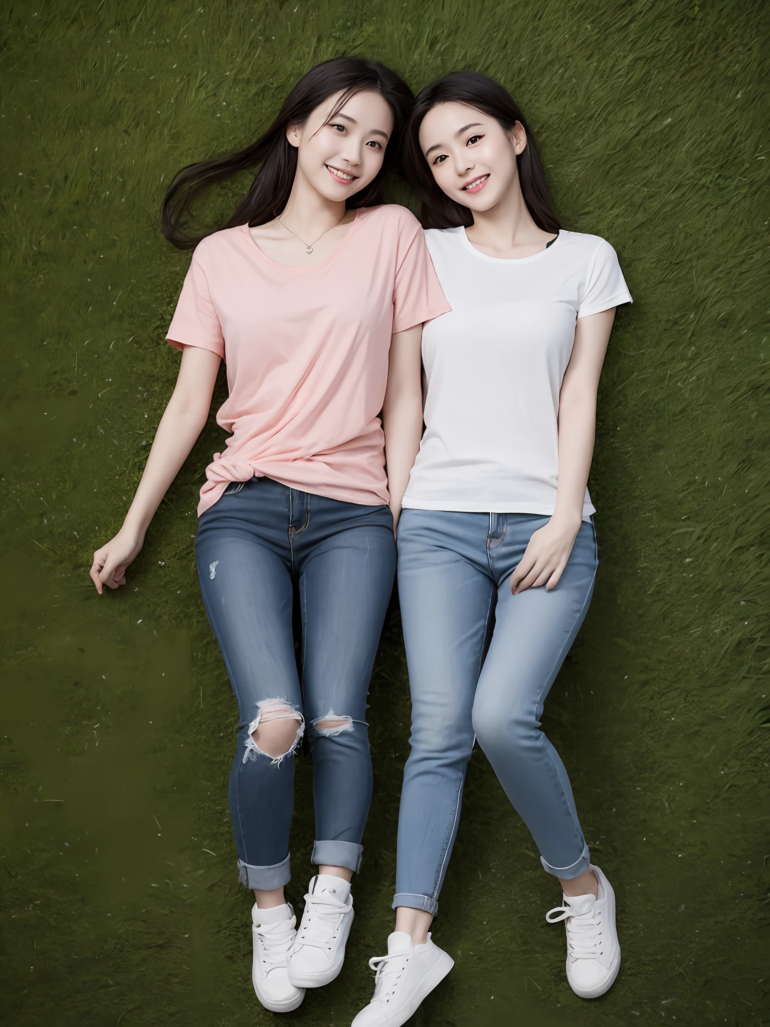 (超高分辨率,RAW photogr,realisticlying,tmasterpiece,best qualtiy:1.4),Complicated details,3个女孩,3 20 year old Korean girl,Wear a loose black T-shirt and skinny jeans,Stand on the grass and take pictures,hugs,Intimate relationships,Detailed meadow,A sweet smile on a small face,Ultra-realistic facial details,The face and skin are pink and white, and luminous,Playful and coquettish pose,The calves are straight and slender:1.2,Wear high-end brand sneakers:1.0,eventide:0.3,Broad lighting,naturalshadow:1.0,超高分辨率,taking a full body photo:1.8 --auto