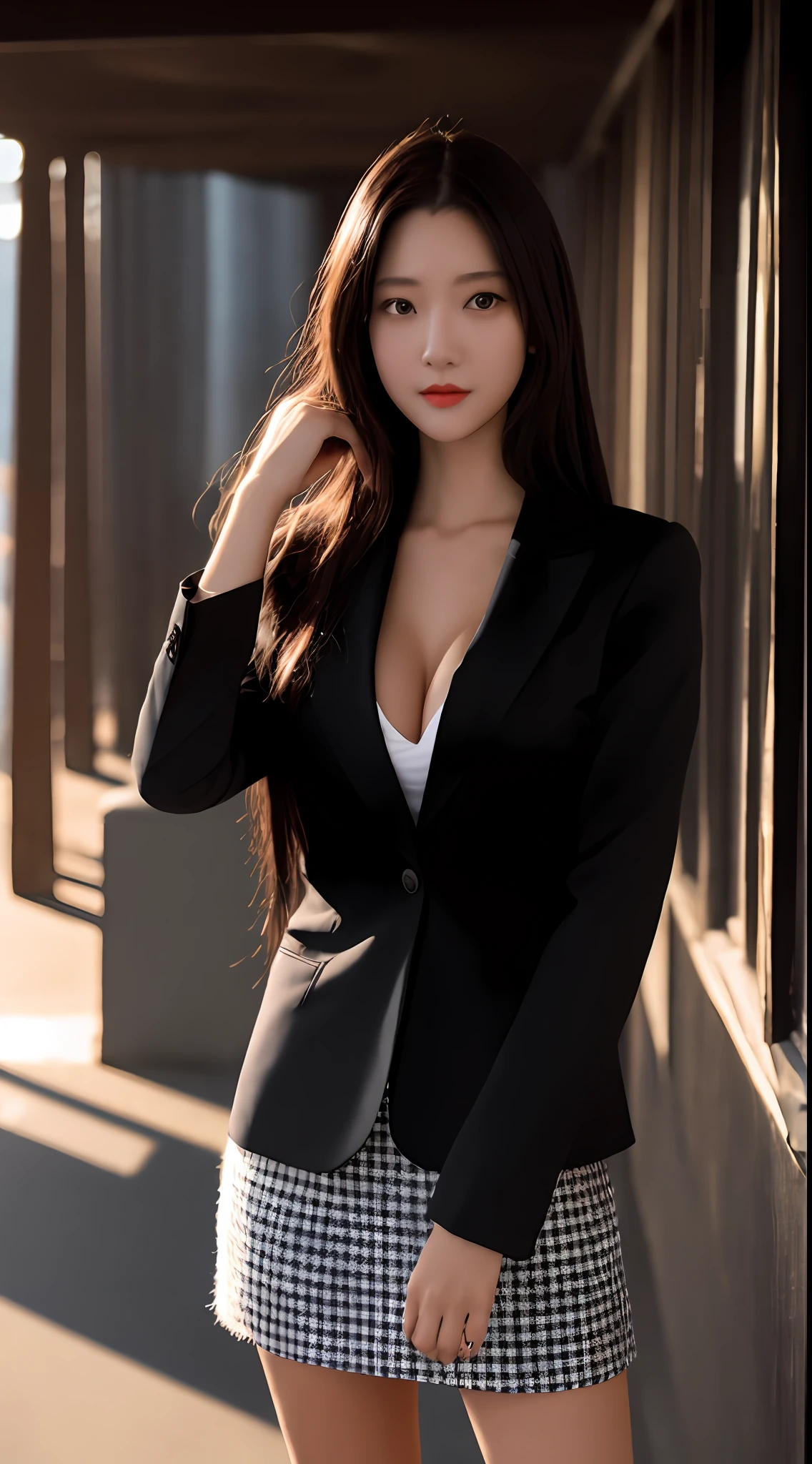 top-quality, masterpiece, 1girl in, Kawaii face, (photographrealistic:1.3), Rim lighting, (High Detail Skins:1.2), 8KUHD, Digital SLR, hightquality, hight resolution, 4K, 8K, bokeh dof, absurderes, best ratio four finger and one thumb, (realisitic:1.3), pretty 1girl, Wearing a black formal blazer, middlebreasts, a short skirt,japanes,