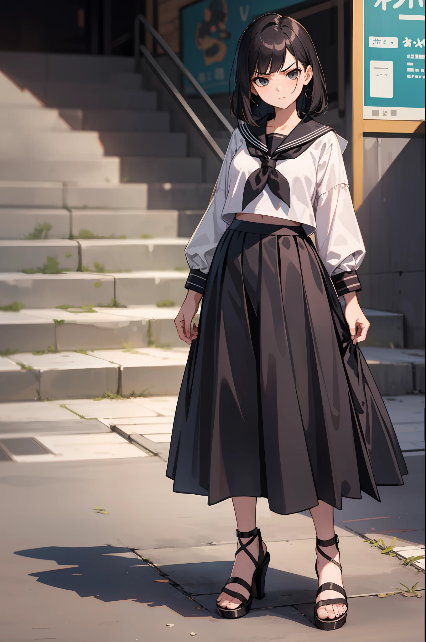 clearface,​master piece,hyper quality, Hyper Detailed,Perfect drawing,nffsw,3D,8K,Illustration,a beauty girl,1girll,cabelos preto e longos、((Black sailor suit))、{pleatedskirt((Maxi skirt:1.3))}, Stand with your hands in your skirt pockets, ((Glaring at me sharply)), Beautiful girl with an amazing face, long eyelashes, Slum、 harems、 (High heel sandals)、Dark eyeliner,Outrage、beatiful backgrounds、Detailed drawing、Accurate drawing、Anatomy of the human body、(((Shot from diagonally below)))