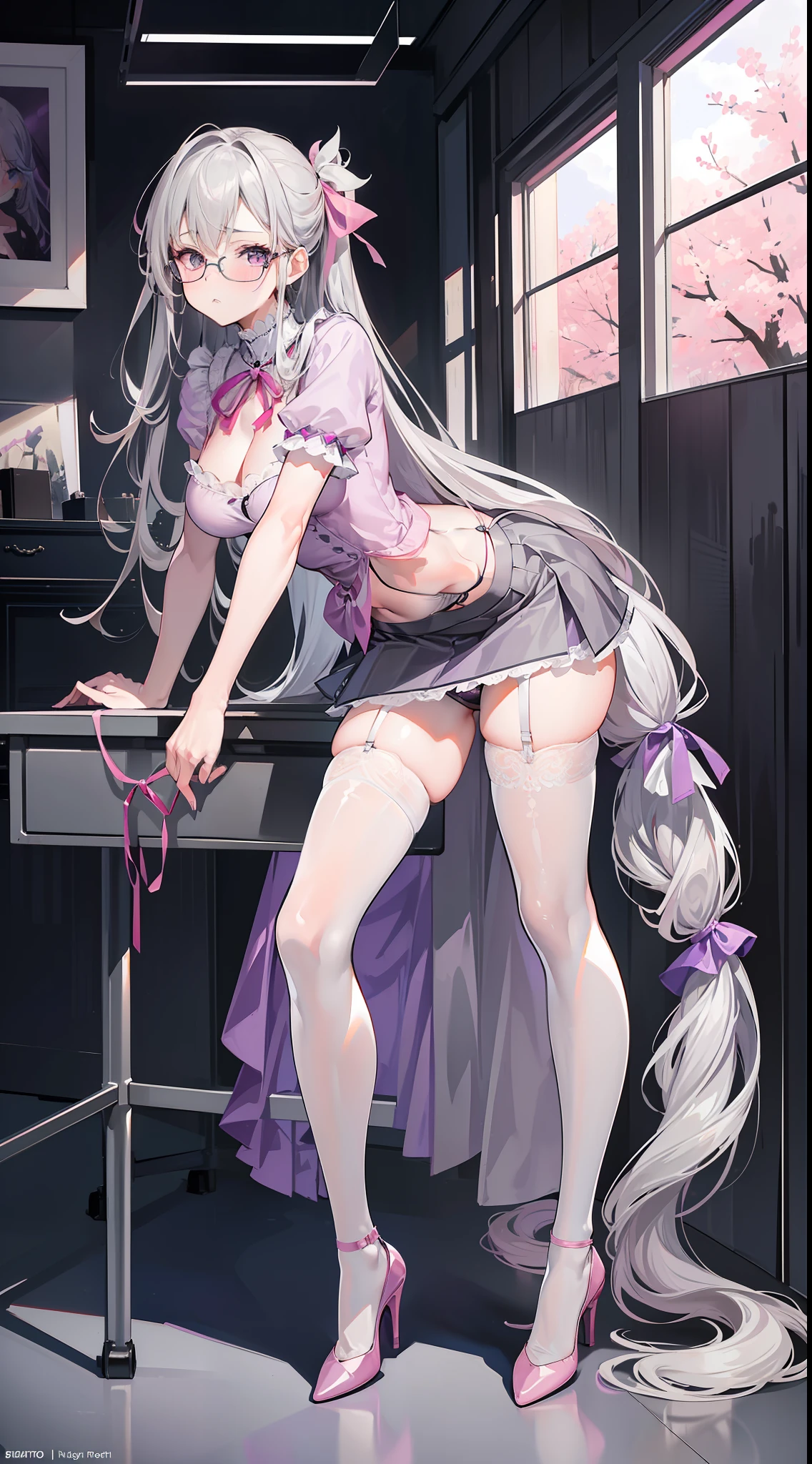 (((Best quality))), ((ultra - detailed)), (In the office), (highly detailed CGillustration), ((Very fine and beautiful)),Mature and beautiful,flustered, full blush, view the viewer,Ultra-detailed CG,Exquisite facial features,Clear facial expressions,Detailed digital anime art,Digital anime art,High quality anime art style, (Masterpiece), Best quality, Perfect face, ((1girll)), Mature woman, Leaning forward, ((Very long gray hair:1.5)), High ponytail, extremely giant breasts, Hanging breasts, cleavage, Narrow waist, ((ribbon:1.2)), Wearing glasses, ((Superskirt:1.5)), choker necklace, Very small shirt, Transparent shirt, ((Pink purple dress:1.3)), ((The skirt was blown away)), ((Mini tight skirt: 1.5)), ((full body:1.5)), High heels, Garters, ((Lace stockings:1.2)), ((Long and slender legs)), Beautiful legs,Erotic,Seductive pose, ((show underwear, Show panties:1.2)),accidental exposure, Expose breasts,((sittinng on the desk:1.2)), (Open legs:1.2), ((Front Shooting)), Slender figure,(nurses uniform:1.5), waist-up