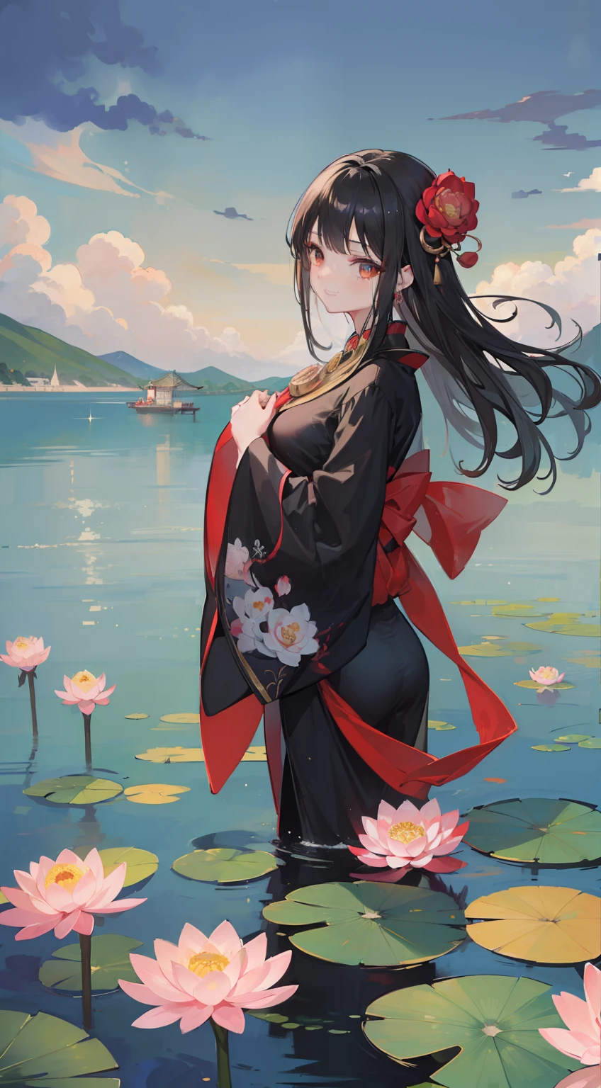 ((4K、masterpiece、top-quality))、ukiyoe painting、lotuses、Hanff、maxiskit、dress modestly 1 girl、独奏、Long Black Hair、a smile、is standing、Step into the water、bare-legged、jpn、Asians、waterside
