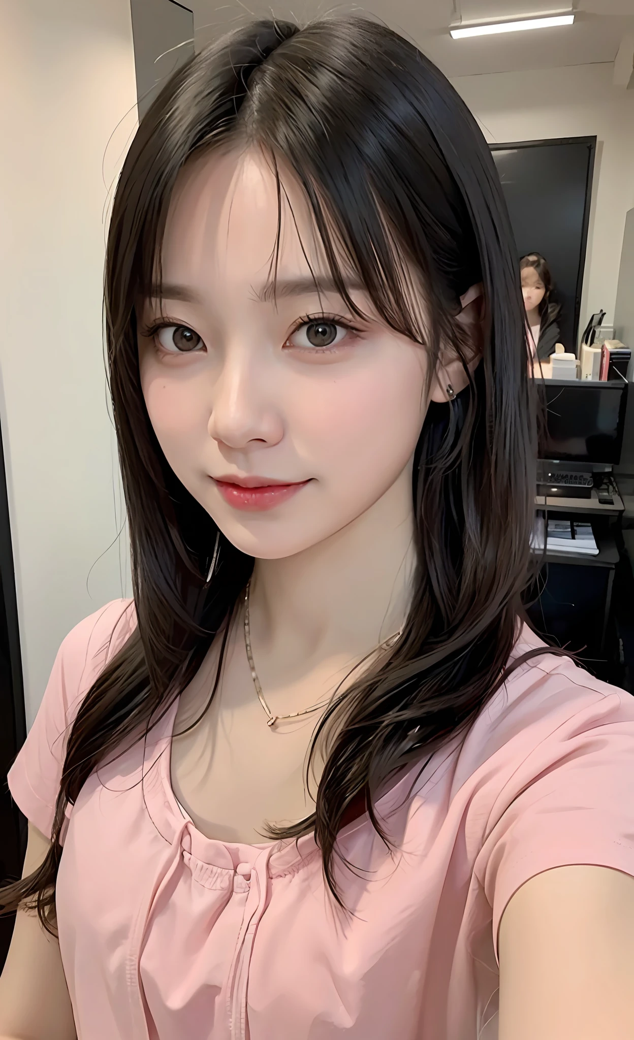 ((top-quality、in 8K、masterpies:1.3))、1girl in、Beautiful woman with slim abs accent:1.3、Super Detail Face、Delicat eyes、二重まぶた、full body Esbian、poneyTail、、20yr old、be shy、Street、summer clothing、Brown hair、 a smile、Tighten hair、PINK Shirt