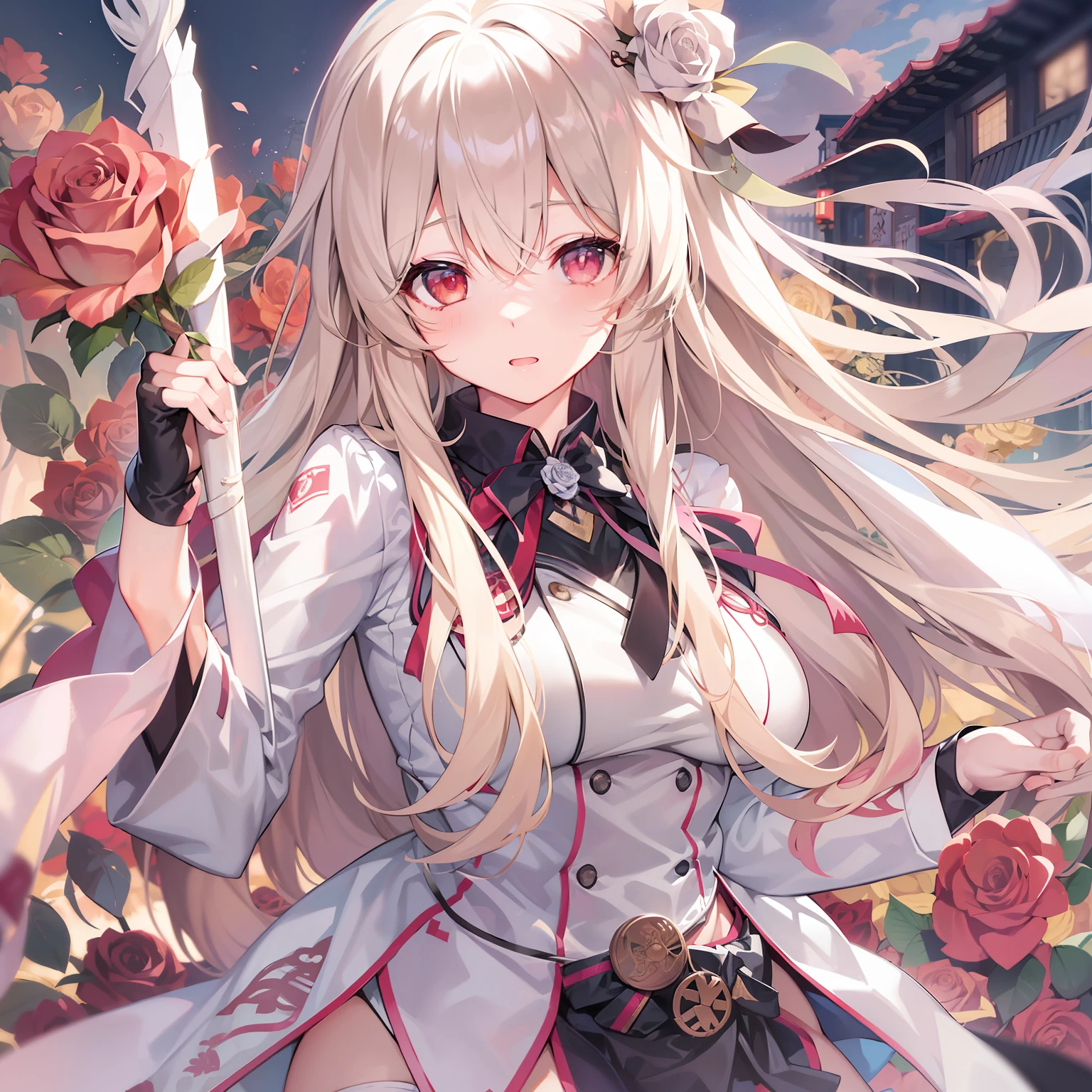anime girl with long white hair holding a stick and a rose, boobs, full body, anime visual of a cute girl, light novel cover art, shikamimi, fine details. girls frontline, anime cover, marisa kirisame, japanese shoujo manga, from girls frontline, japanese light novel cover, anime visual of a young woman
