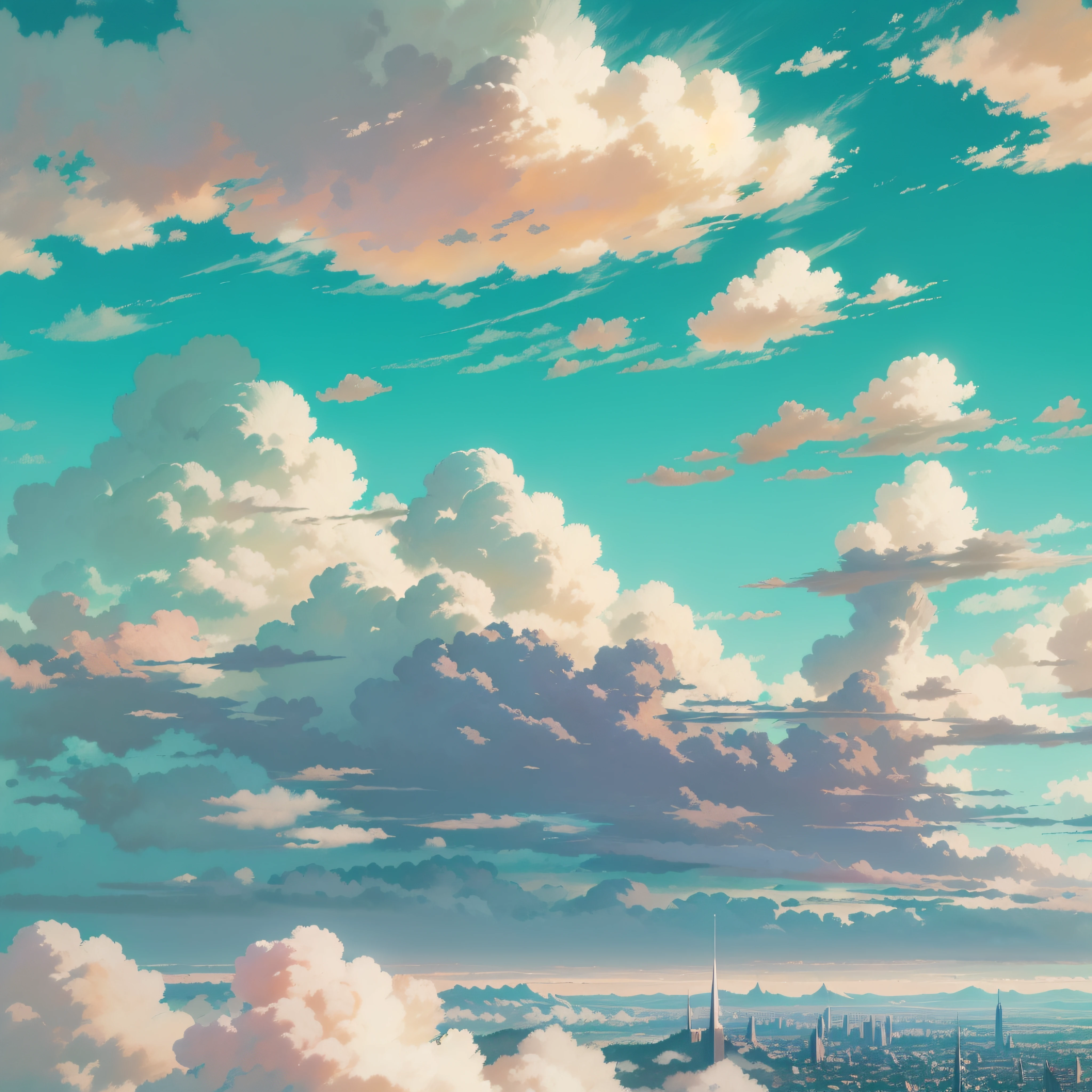animesque、Skyscape with clouds、Deities々Shikai、You can see the touch of the brush、Studio Ghibli、Ghibli、a sultry、Scenery、Style、sky line、The light is sparkling
