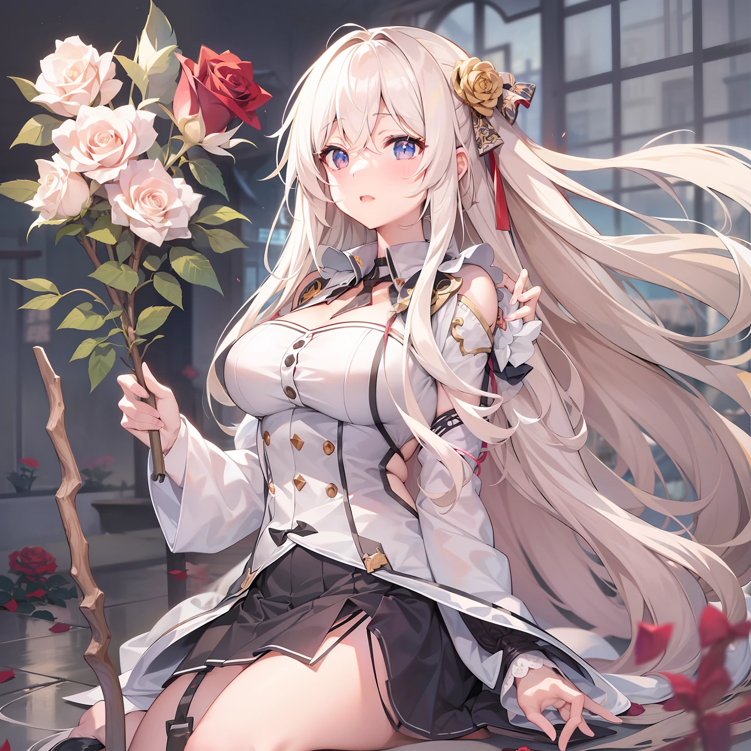 anime girl with long white hair holding a stick and a rose, boobs, full body, anime visual of a cute girl, light novel cover art, shikamimi, fine details. girls frontline, anime cover, marisa kirisame, japanese shoujo manga, from girls frontline, japanese light novel cover, anime visual of a young woman