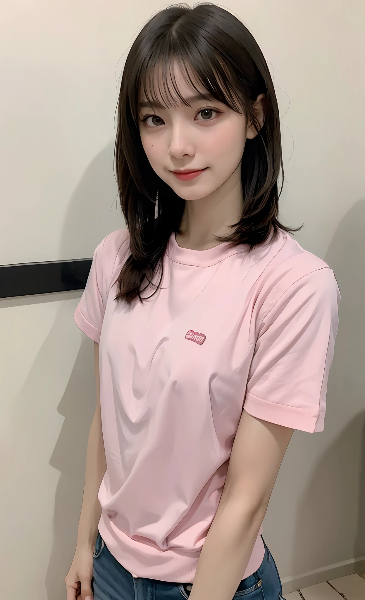 ((top-quality、in 8K、masterpies:1.3))、1girl in、Beautiful woman with slim abs accent:1.3、Super Detail Face、Delicat eyes、二重まぶた、full body Esbian、poneyTail、、20yr old、be shy、Street、summer clothing、Brown hair、 a smile、Tighten hair、PINK Shirt