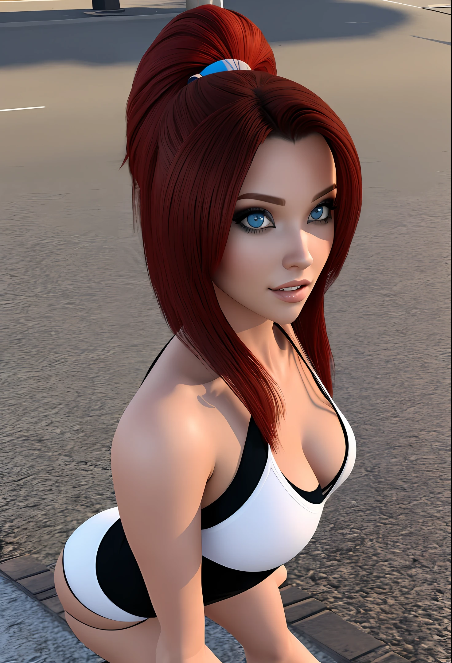 Mulher bonita, ruiva, na rua, olho azul, 3D