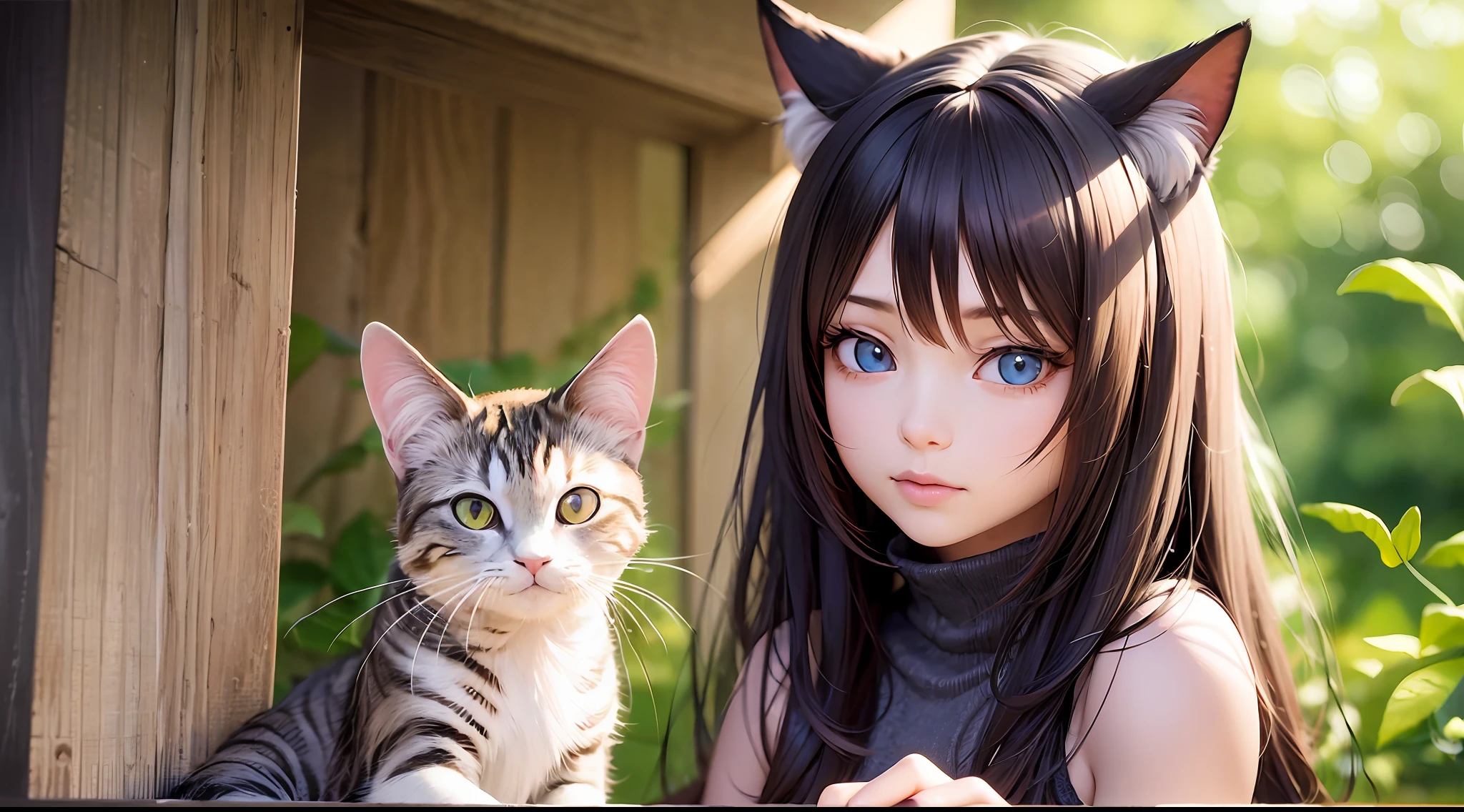 anime girl sitting on a bench with a cat and butterfly, realistic anime cat, realistic anime art style, kawaii realistic portrait, anime cat, beautiful anime catgirl, realistic anime artstyle, anime realism style, anime catgirl, very beautiful anime cat girl, realistic anime 3 d style, very beautiful cute catgirl, cute anime catgirl, in anime style