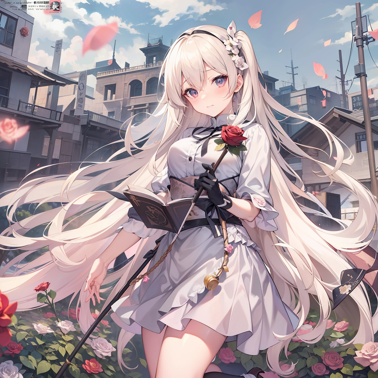 anime girl with long white hair holding a stick and a rose, (NSFW 1.3), full body, anime visual of a cute girl, light novel cover art, shikamimi, fine details. girls frontline, anime cover, marisa kirisame, japanese shoujo manga, from girls frontline, japanese light novel cover, anime visual of a young woman