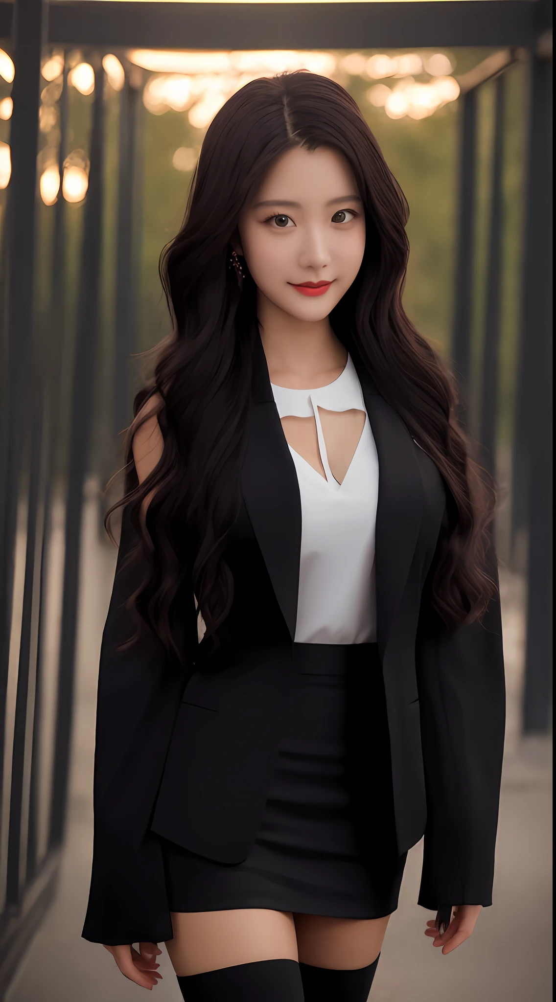 top-quality, masterpiece, 1girl in, Kawaii face, (photographrealistic:1.3), Rim lighting, (High Detail Skins:1.2), 8KUHD, Digital SLR, hightquality, hight resolution, 4K, 8K, bokeh dof, absurderes, best ratio four finger and one thumb, (realisitic:1.3), pretty 1girl, Wearing a black formal blazer, middlebreasts, a short skirt,japanes,
