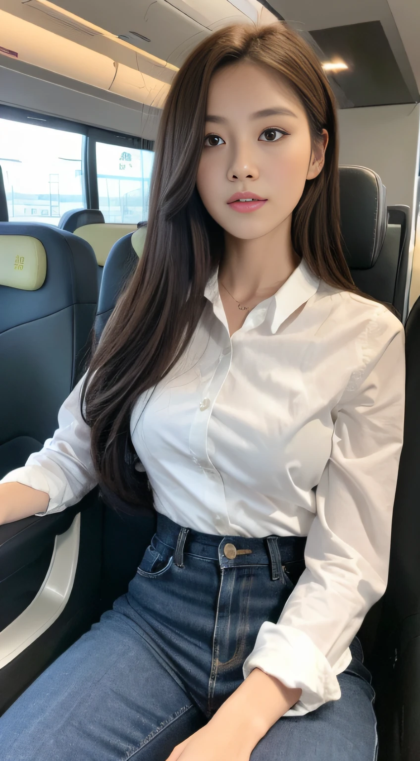 (natta, Need, 8K, tmasterpiece:1.3)), full bodyesbian, Long legs, Focalors:1.2, perfect figure beautiful woman:1.4, Slim abs:1.1, ((Dark brown hair, large tities:1.2 )), (Harnes,The shirt,Side head:1.2,), ((High-speed rail seats, Sat down,:1.3)), Highly detailed facial and skin texture, A detailed eye, 二重まぶた,Flying long hair,Sat down