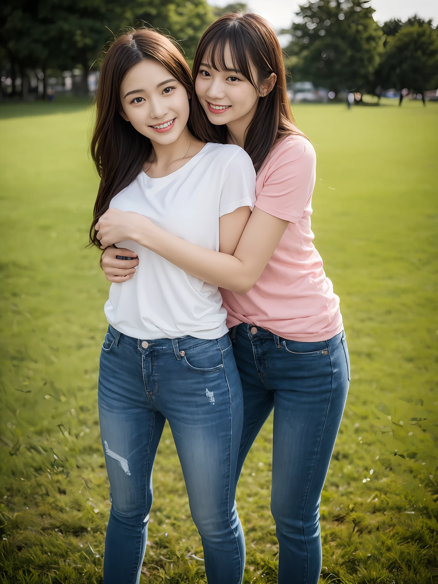 （超高分辨率，RAW photogr，realisticlying，tmasterpiece，best qualtiy：1.4），Complicated details，2 20 year old Korean girl，Wear a loose black T-shirt and skinny jeans，Stand on the grass and take pictures，hugs，Intimate relationships，Detailed meadow，A sweet smile on a small face，Ultra-realistic facial details，The face and skin are pink and white, and luminous，Playful and coquettish pose，The calves are straight and slender:1.2，Wear high-end brand sneakers:1.0，eventide：0.3，Broad lighting，naturalshadow：1.0，超高分辨率，taking a full body photo:1.8 --auto