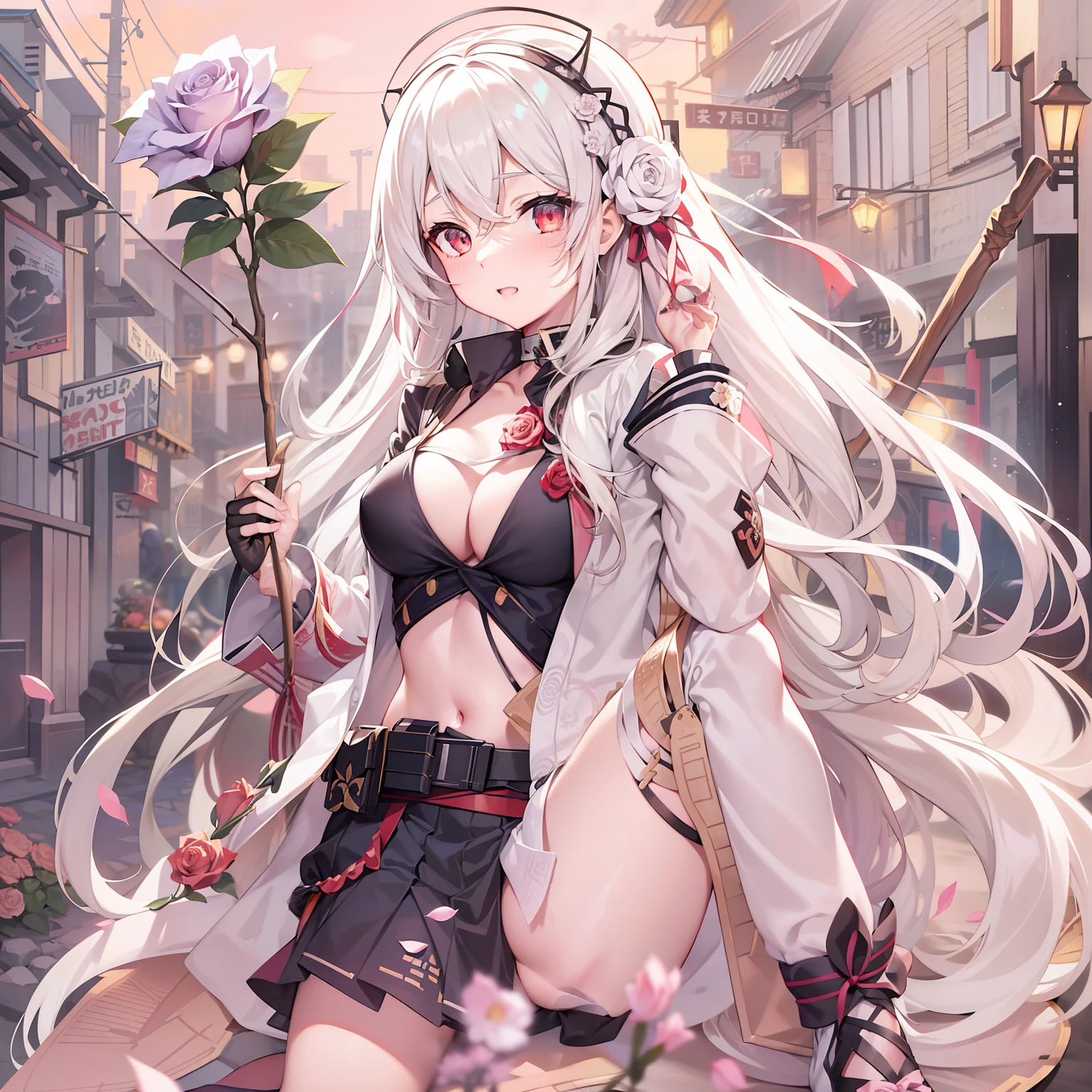 anime girl with long white hair holding a stick and a rose, (NSFW 1.5), full body, anime visual of a cute girl, light novel cover art, shikamimi, fine details. girls frontline, anime cover, marisa kirisame, japanese shoujo manga, from girls frontline, japanese light novel cover, anime visual of a young woman