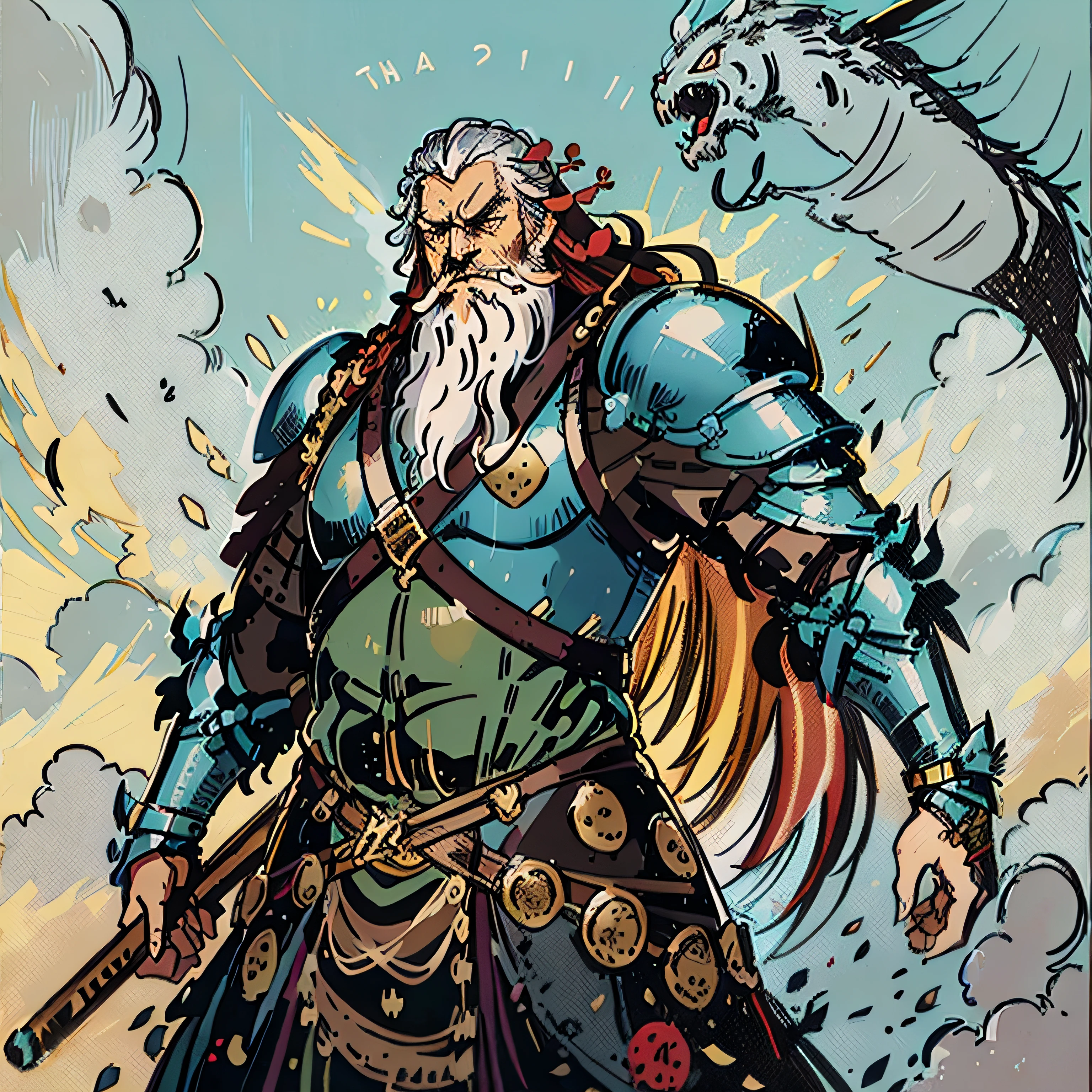 (fat old warrior 1.2), (long hair and long beard 1.2), (holding a warhammer 1.2), action pose, (leather armor 1.2), (full plate), (medieval fantasy), rpg character