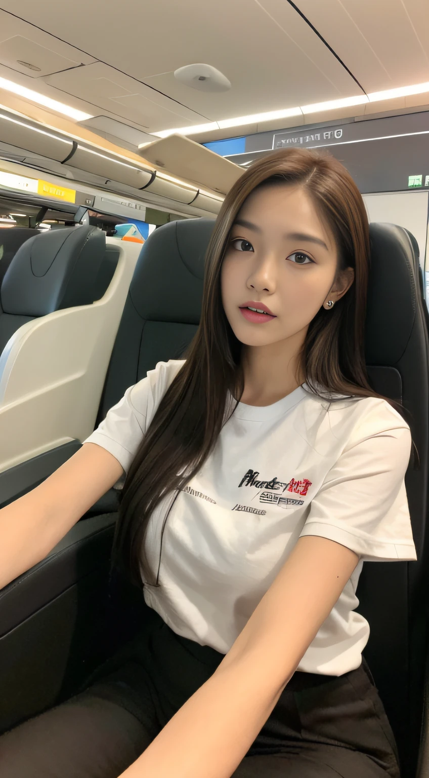 (natta, Need, 8K, tmasterpiece:1.3)), full bodyesbian, Long legs, Focalors:1.2, perfect figure beautiful woman:1.4, Slim abs:1.1, ((Dark brown hair, large tities:1.2 )), (Harnes,The shirt,Side head:1.2,), ((High-speed rail seats, Sat down,:1.3)), Highly detailed facial and skin texture, A detailed eye, 二重まぶた,Flying long hair,Sat down