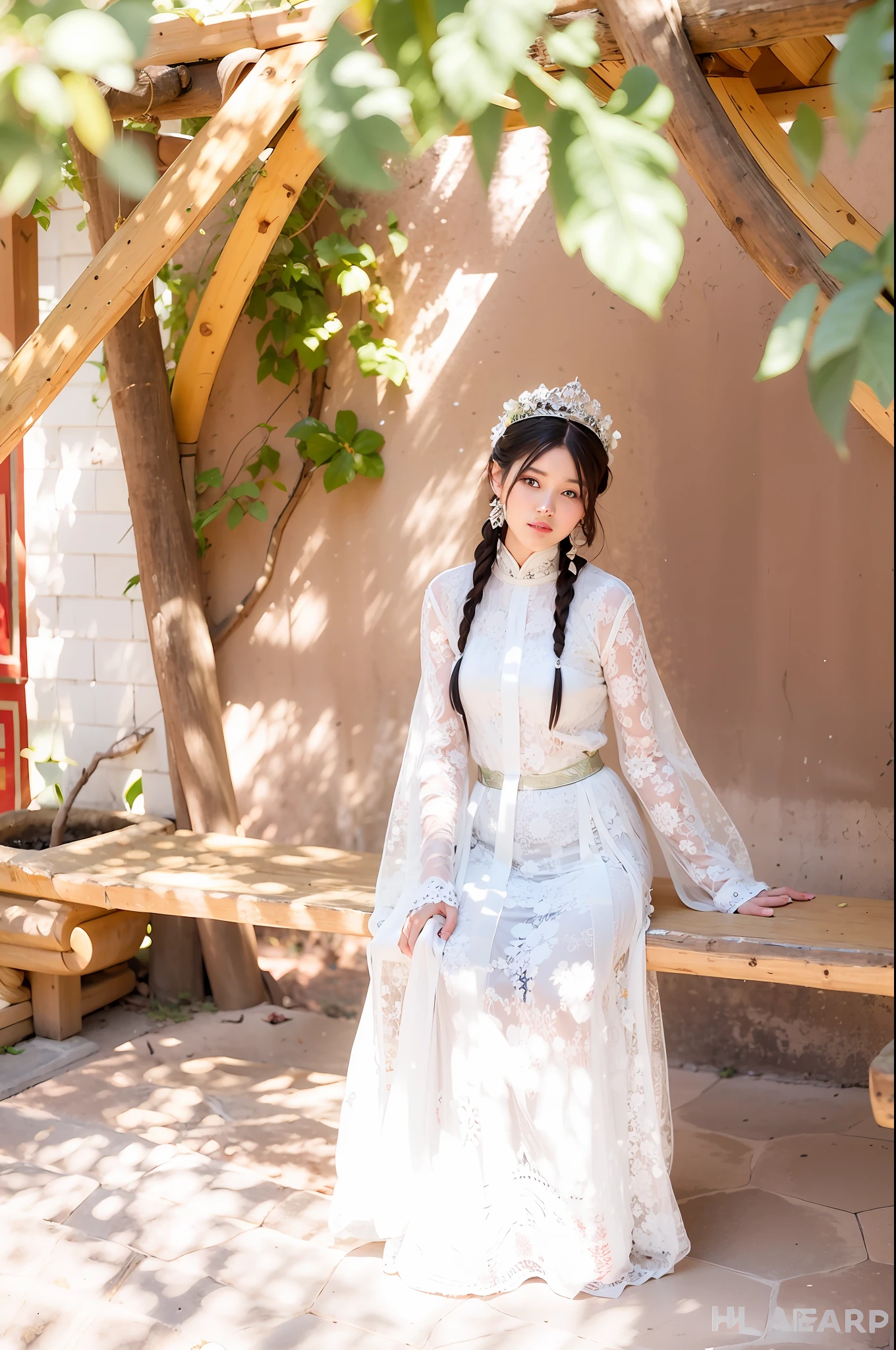 There was a woman in a white dress standing in front of a bench, Palace ， A girl in Hanfu, White Hanfu, Hanfu, ancient libu young girl, lovely bohemian princess, traditional garb, traditionalcostumes, traditionalcostumes, a stunning young ethereal figure, Traditional clothing, a young woman as genghis khan, with acient chinese clothes