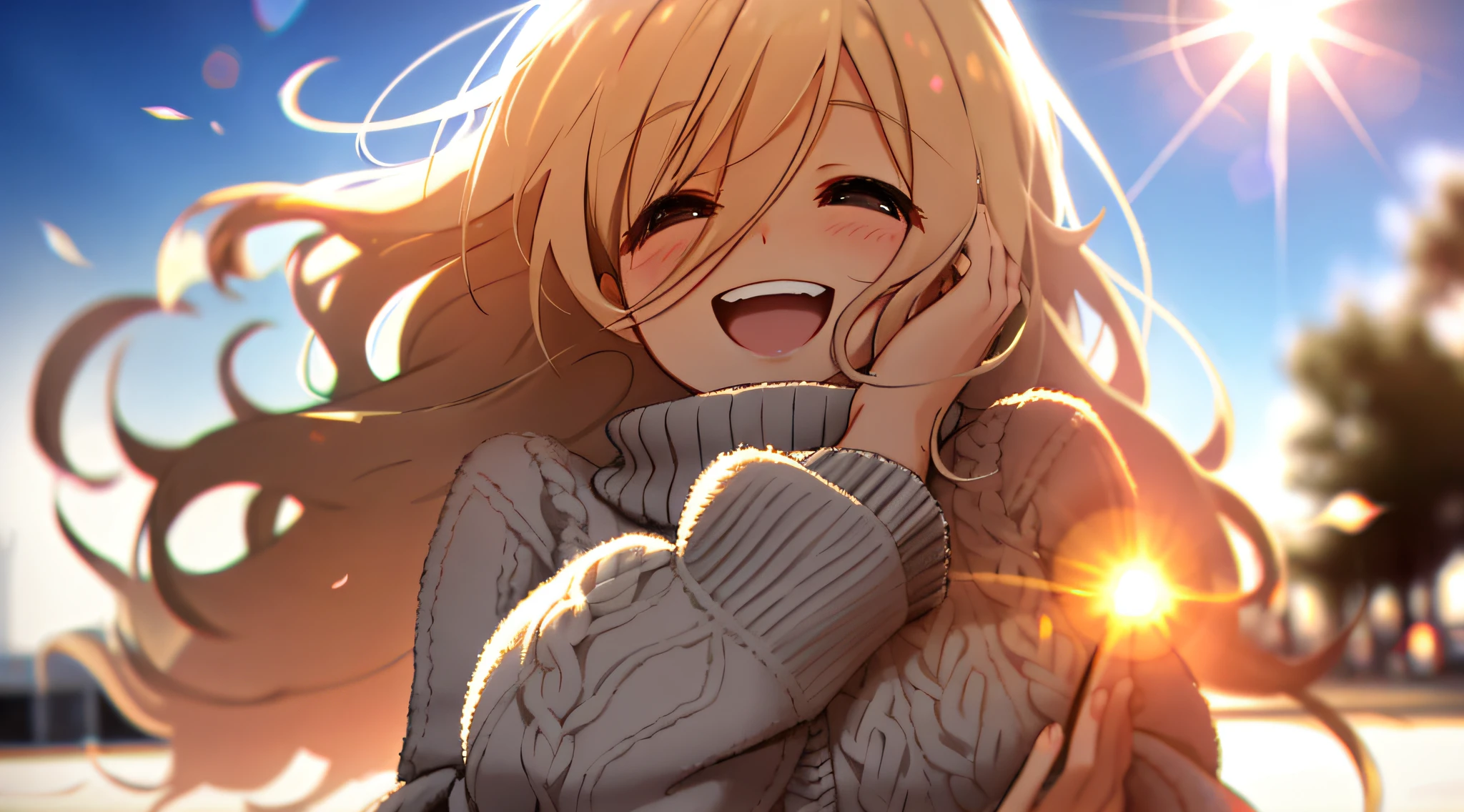 a girl, dark cosy sweater on, black hair,upper body, (huge Laughing:1.1), (open mouth:1.1), (wide open eyes:1.2), sun glare, bokeh, depth of field, blurry background, light particles, strong wind, (heart particles:1.1)