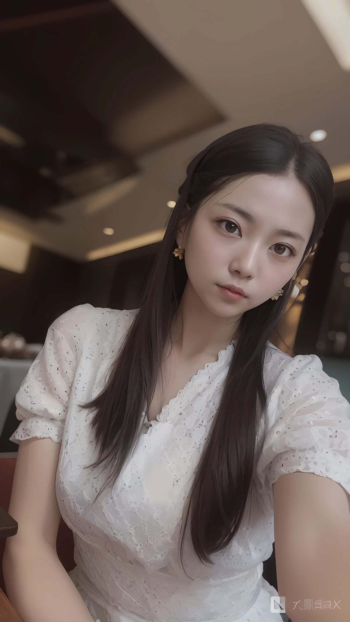 The Araved woman in a white dress sat at the table, xintong chen, wenfei ye, Yun Ling, dilraba dilmurat, chengyou liu, Yoshitomo Nara, Li Zixin, Choi Hyun-hwa, 8k selfie photograph, Lin Qifeng, xision wu, heise-lian yan fang